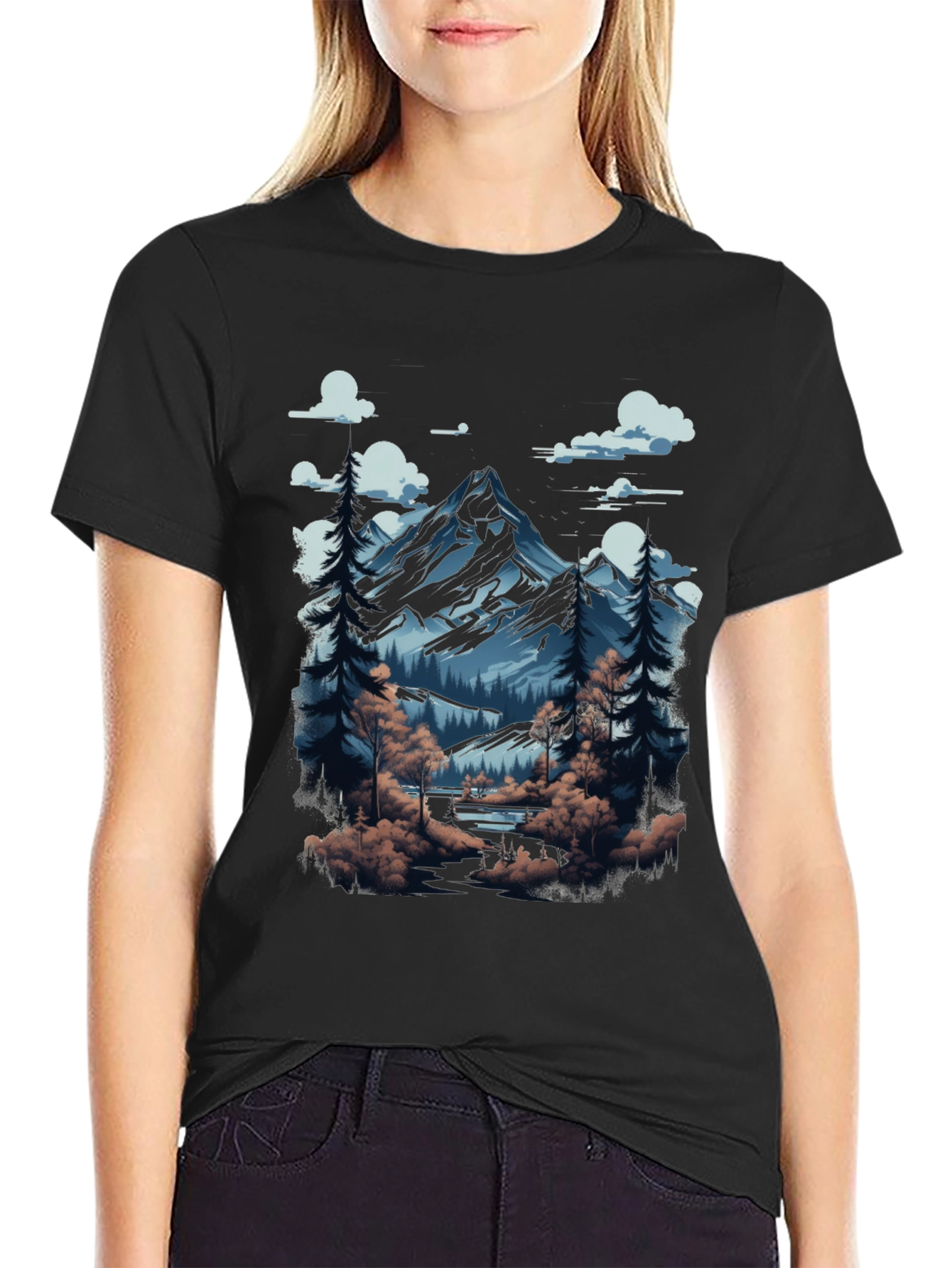 Mountain Scene Graphic Tee - Black Cotton Blend