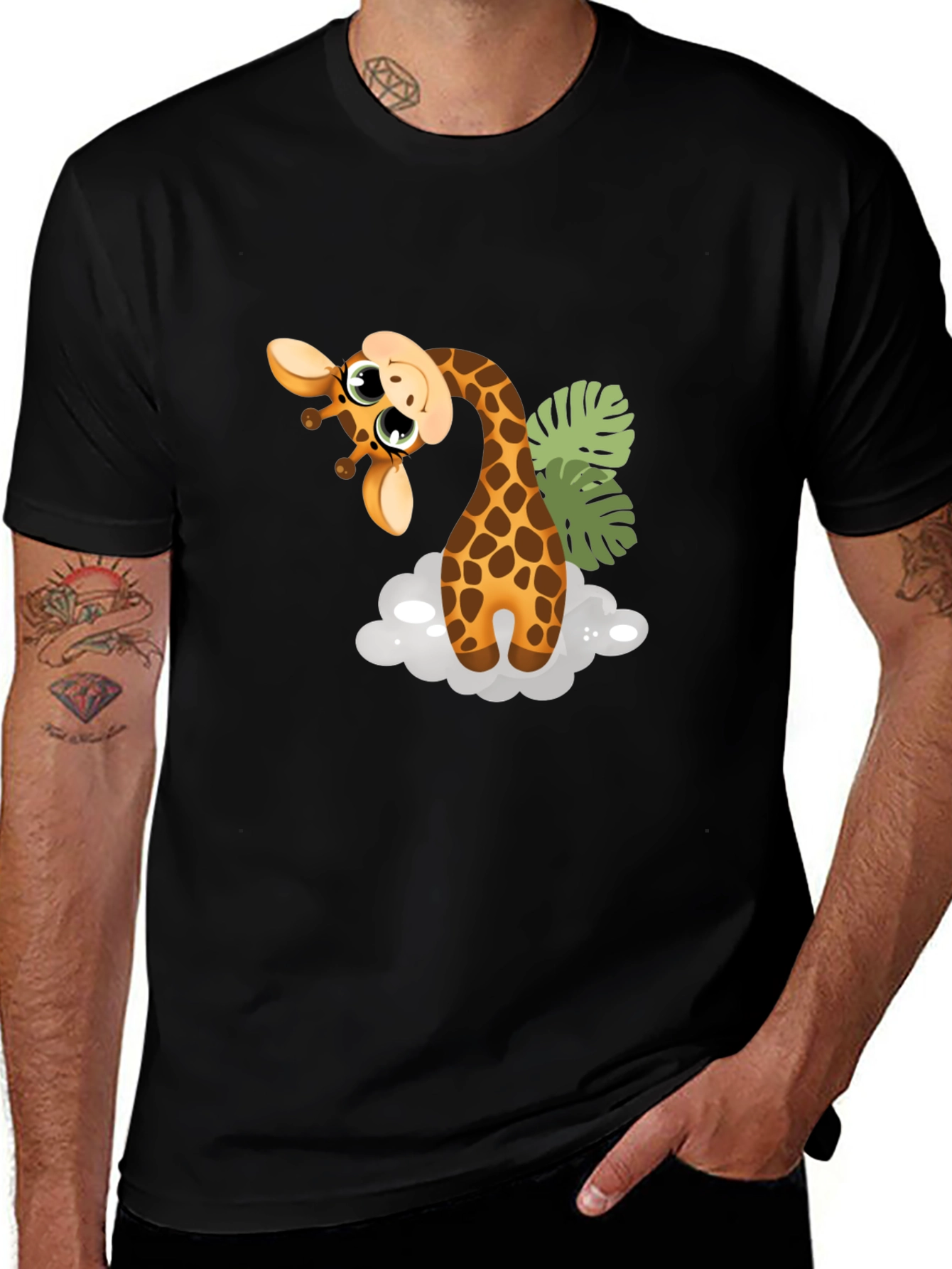 Cute Giraffe Graphic Tee - Black Cotton T-Shirt
