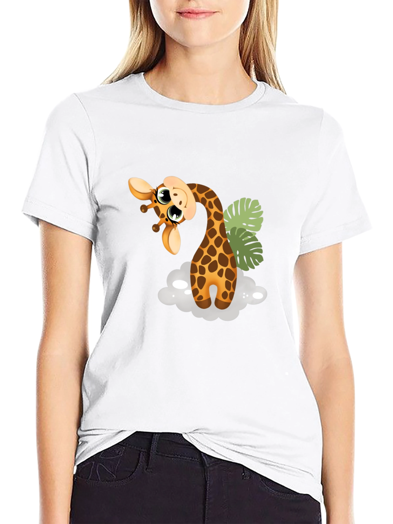 Cute Giraffe Graphic Tee - Black Cotton T-Shirt