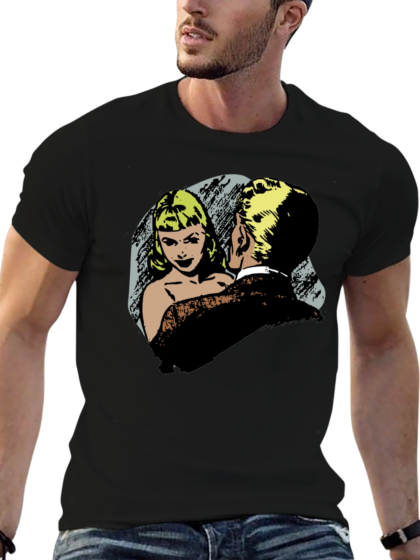 Retro Comic Couple Graphic T-Shirt - Black