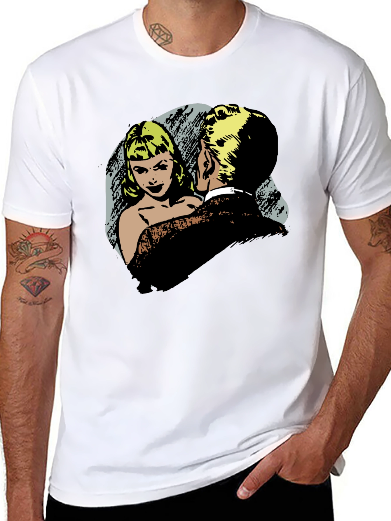 Retro Comic Couple Graphic T-Shirt - Black