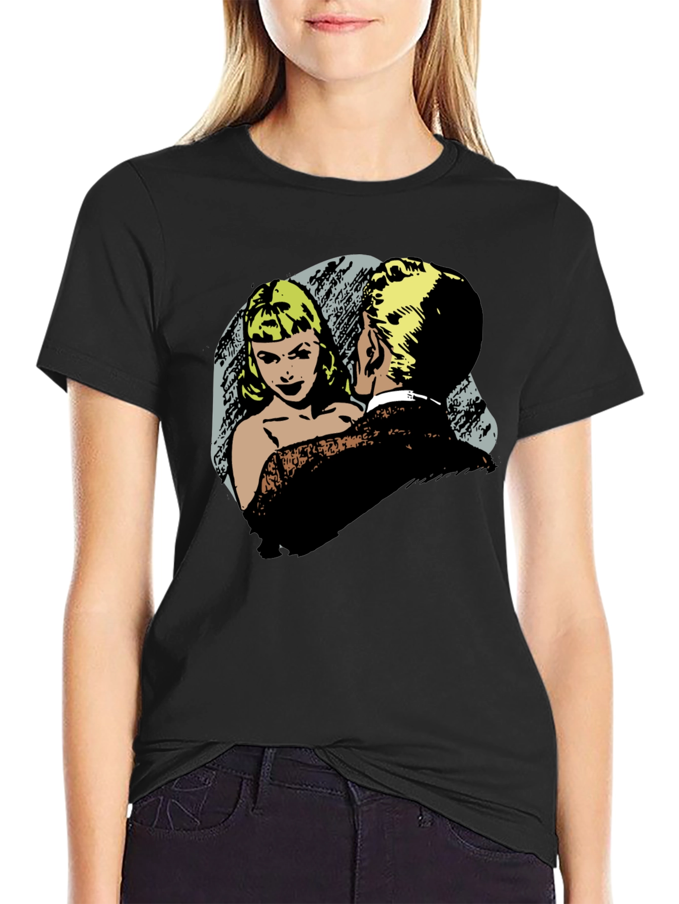 Retro Comic Couple Graphic T-Shirt - Black