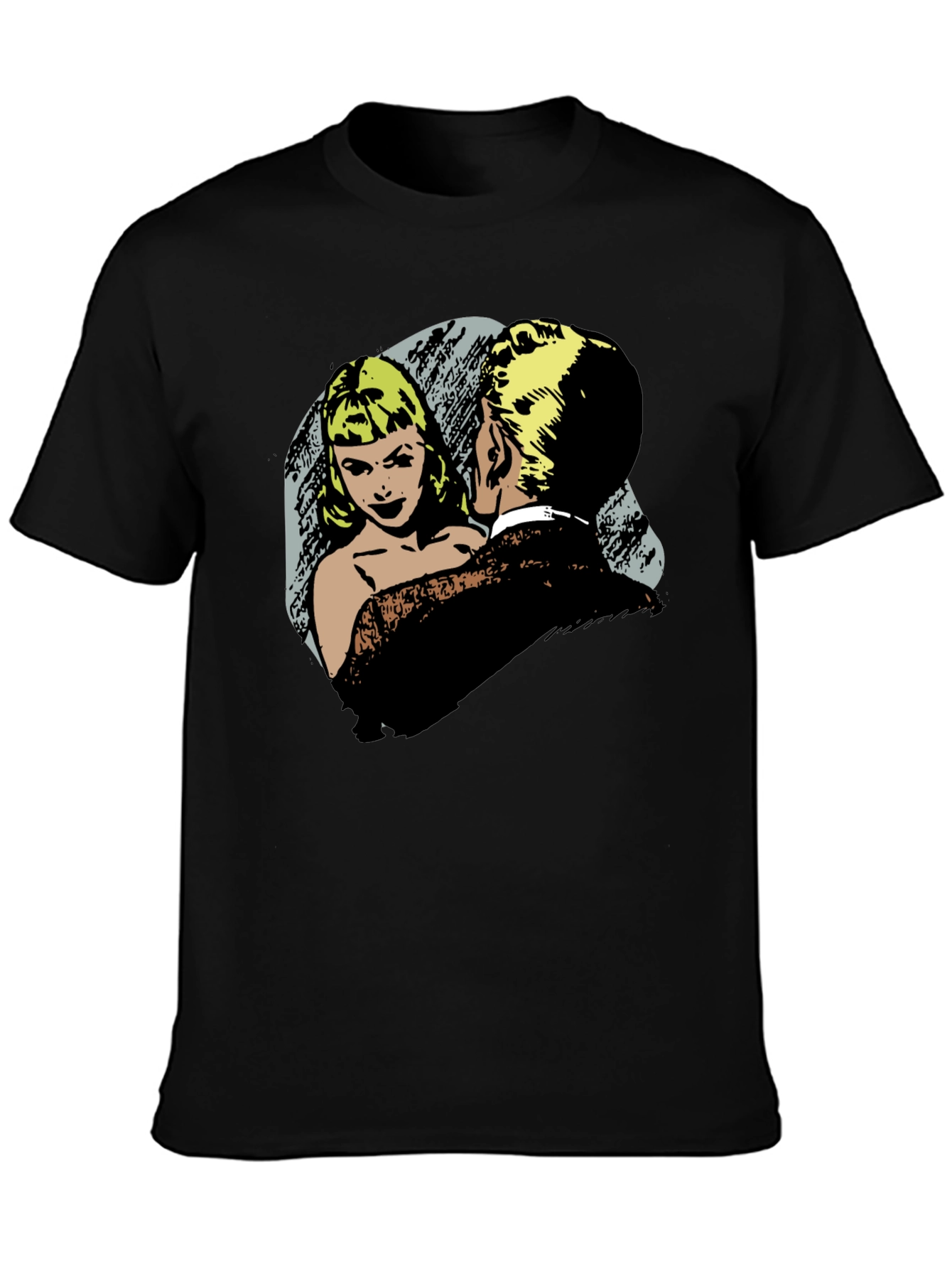 Retro Comic Couple Graphic T-Shirt - Black