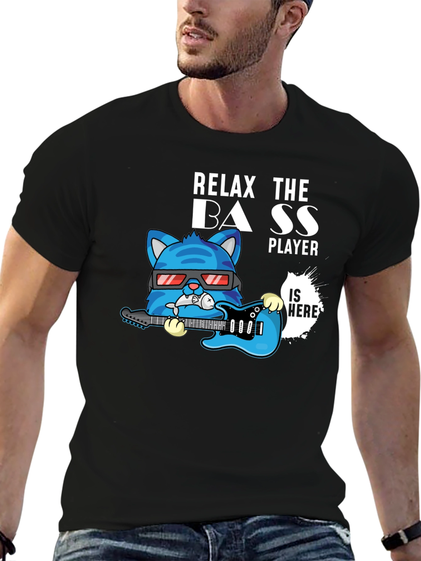 Relax The Bass Player Cat Graphic T-Shirt
