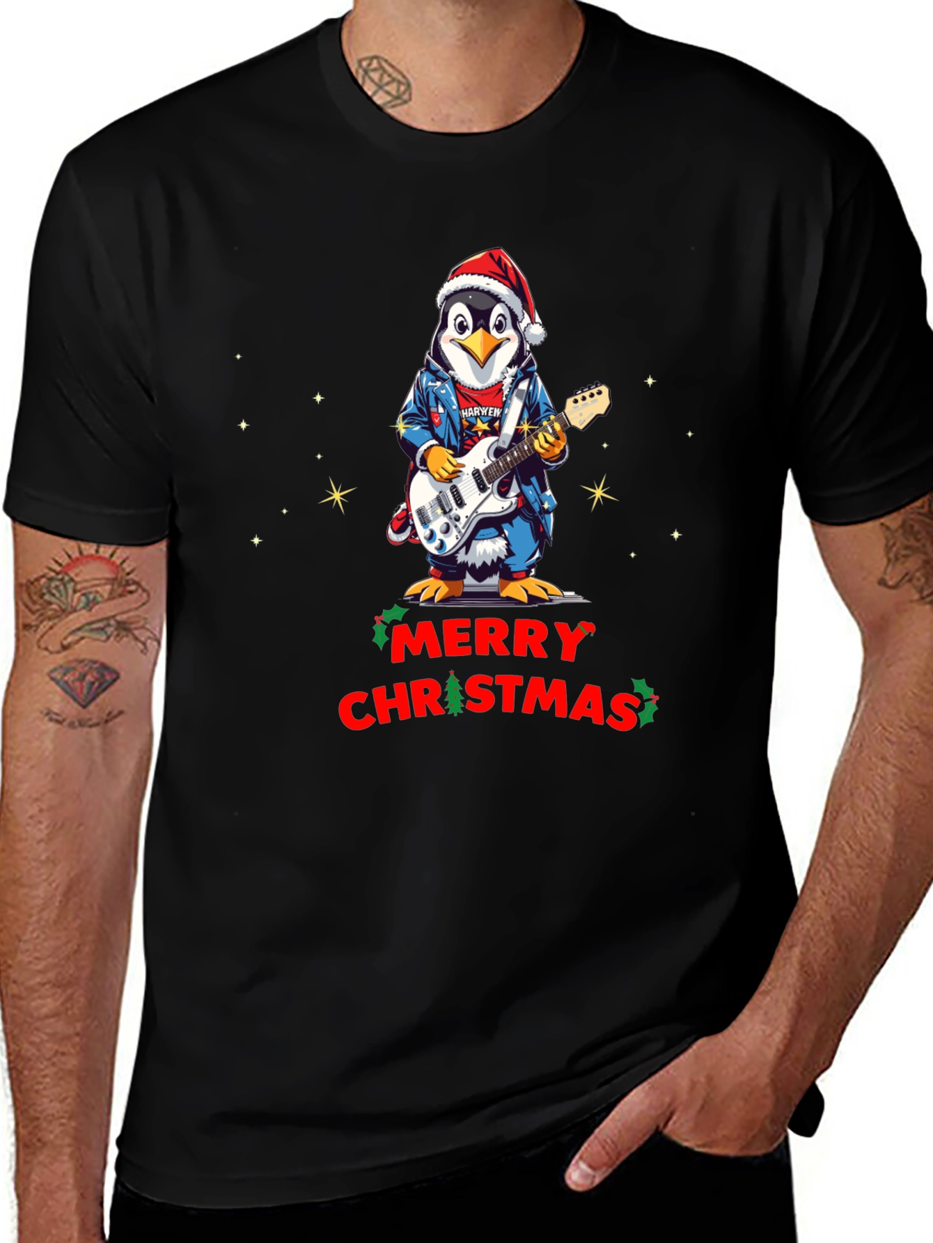 Merry Christmas Penguin Guitarist T-Shirt