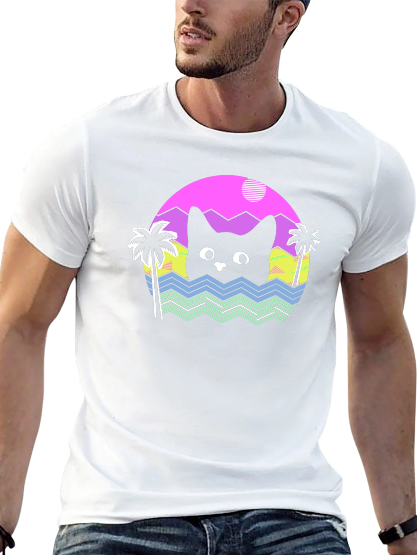 Retro Cat Waves Black T-Shirt