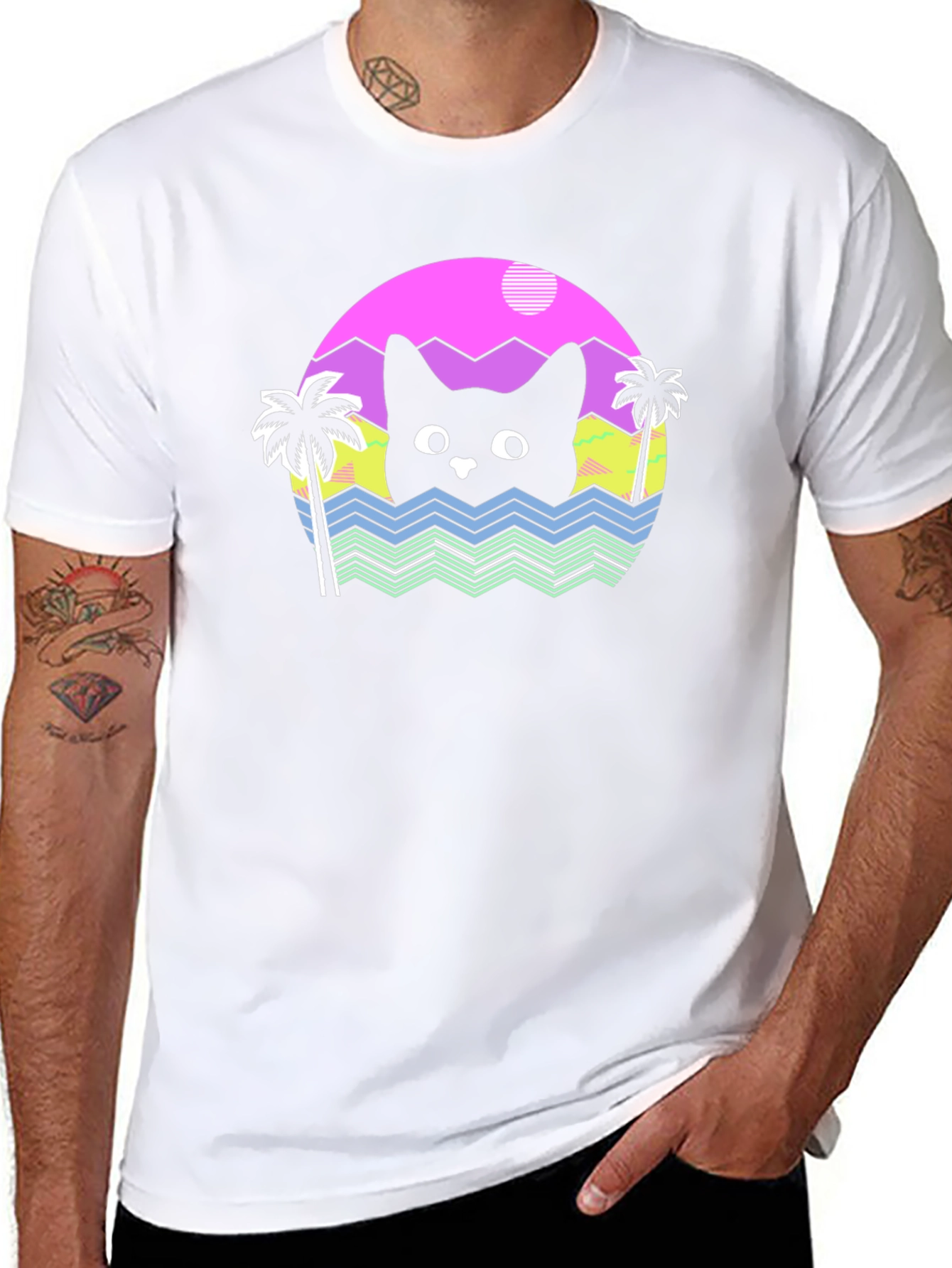 Retro Cat Waves Black T-Shirt