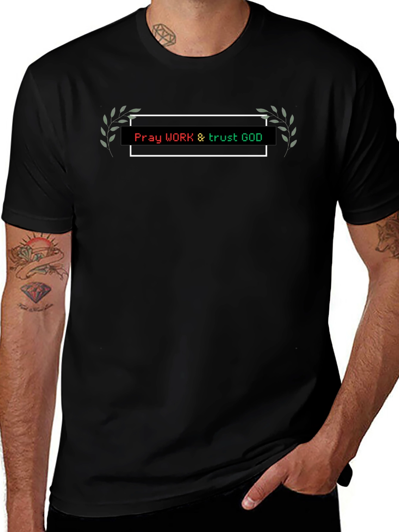 Pray Work Trust God T-Shirt Black Cotton Blend