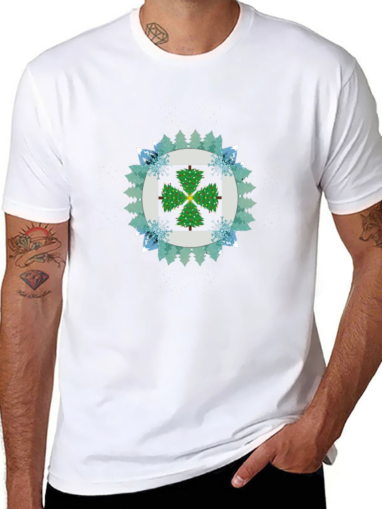 Festive Tree Pattern Black T-Shirt