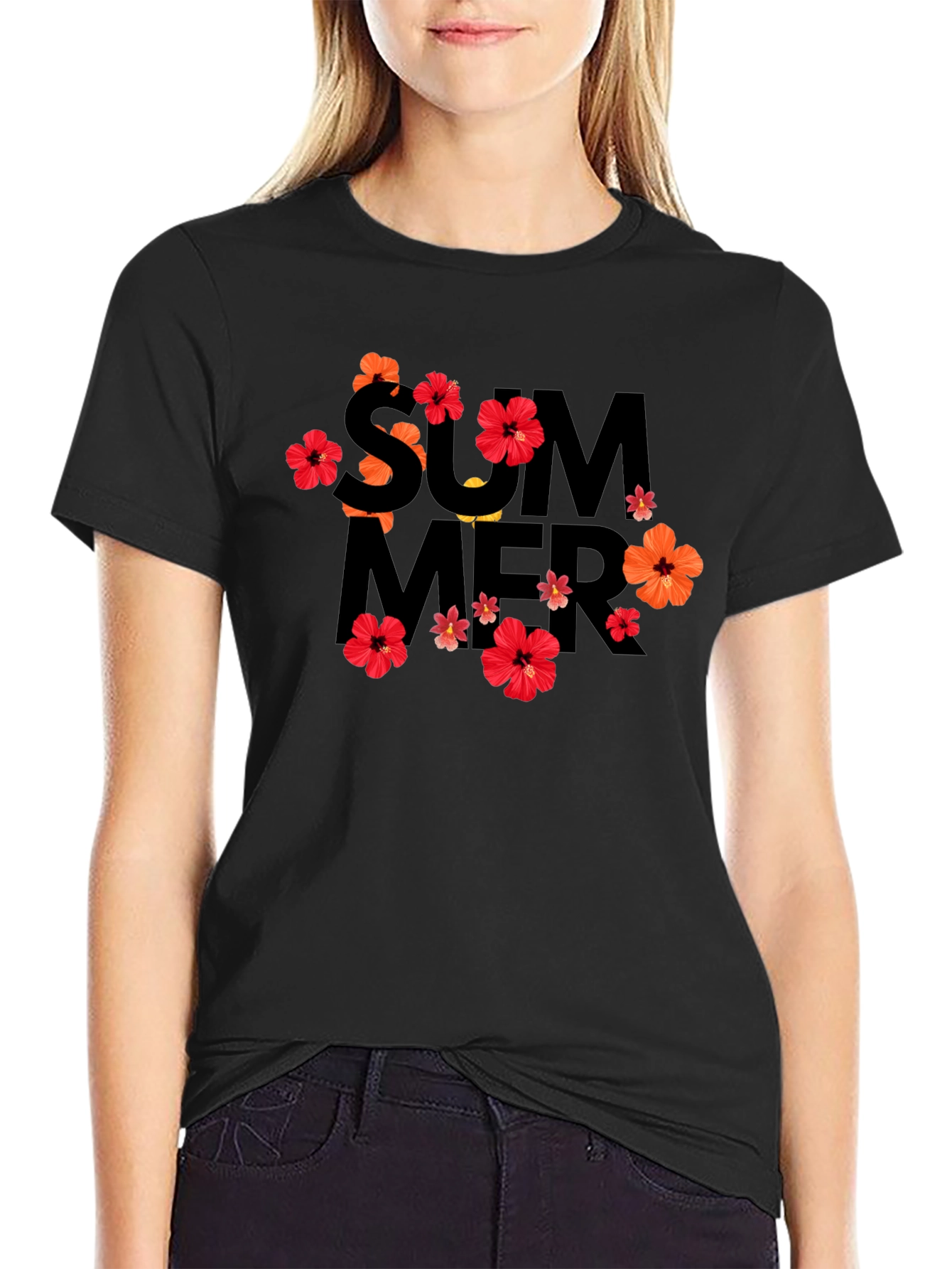 Summer Floral Graphic Black T-Shirt