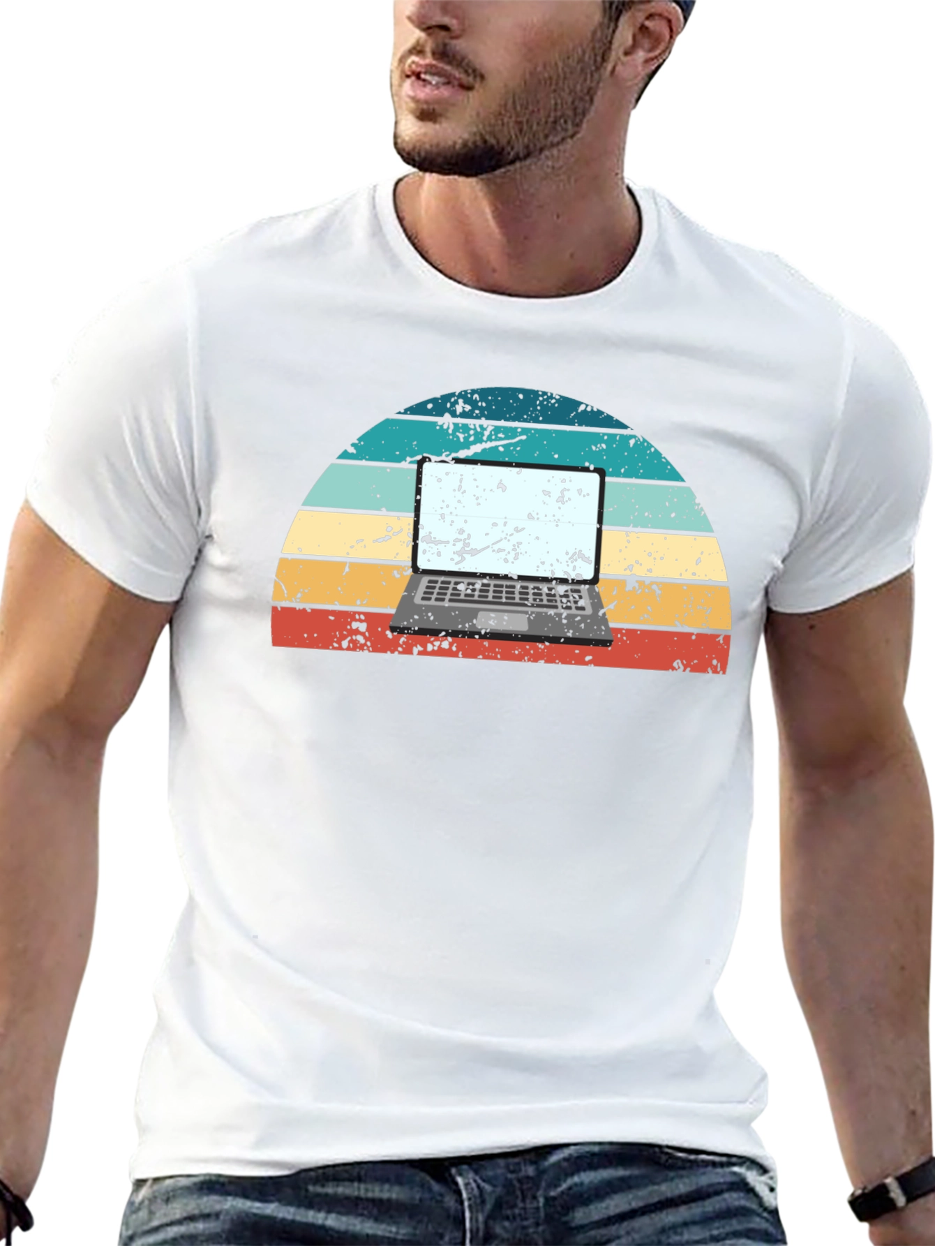 Retro Laptop Sunset Graphic Tee - Black