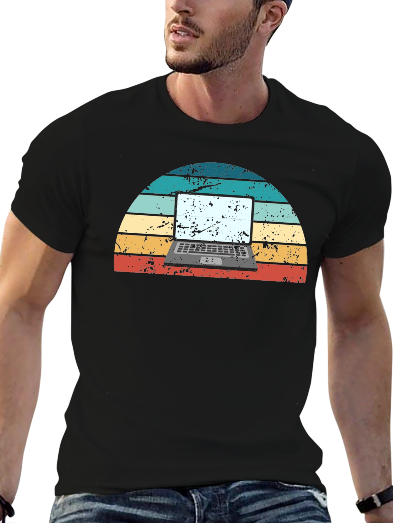 Retro Laptop Sunset Graphic Tee - Black