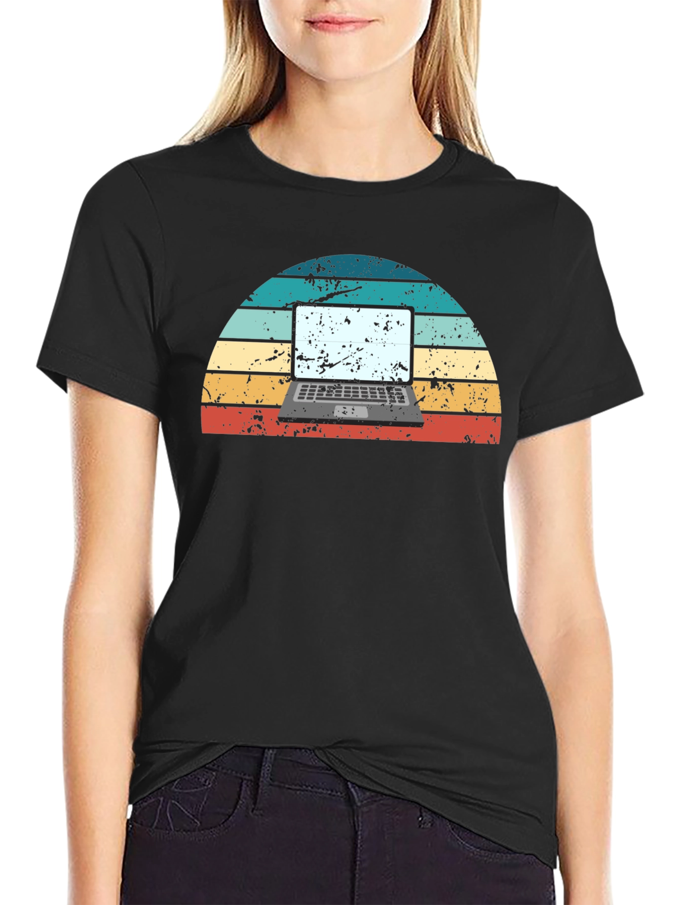 Retro Laptop Sunset Graphic Tee - Black