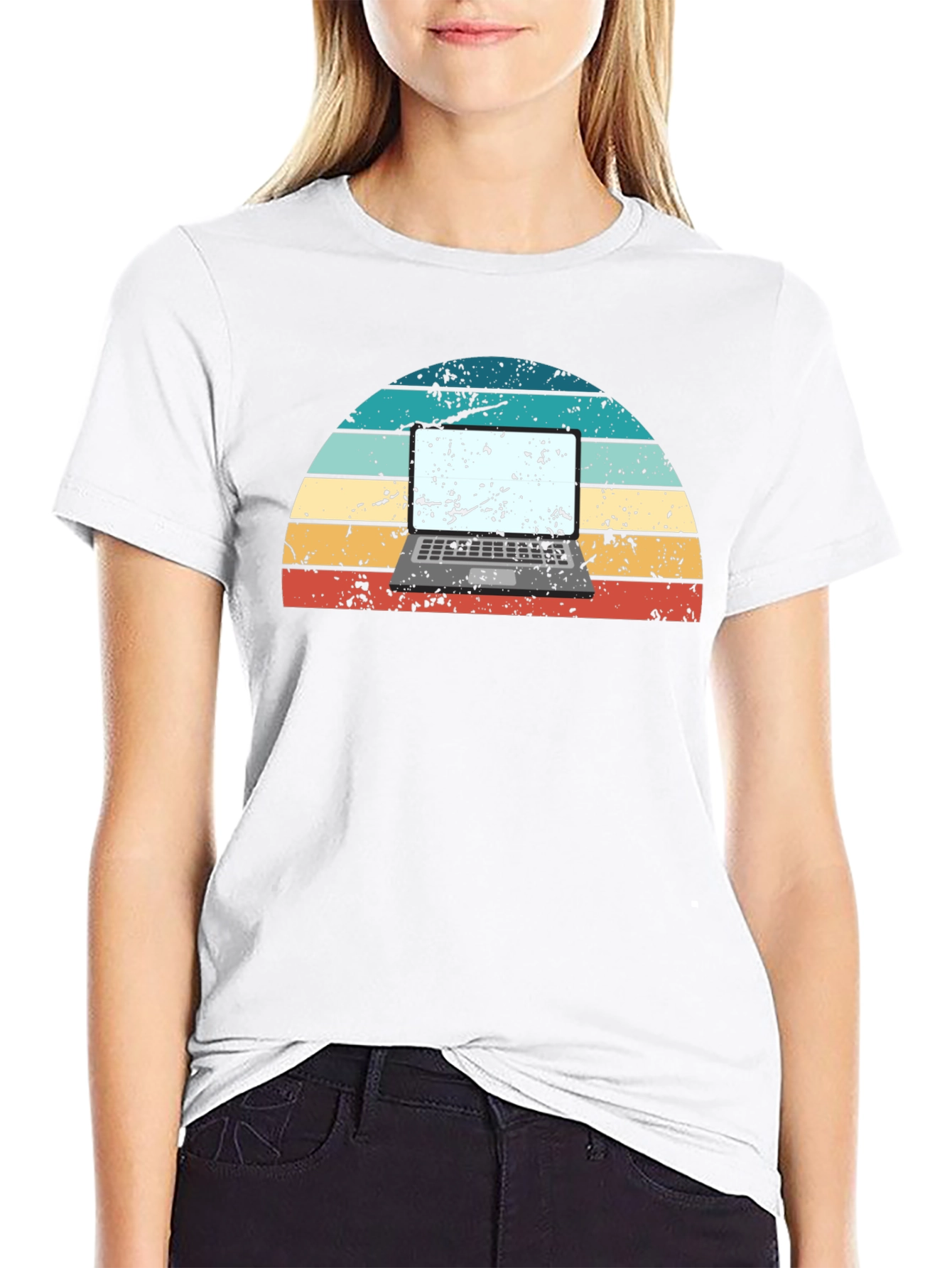Retro Laptop Sunset Graphic Tee - Black