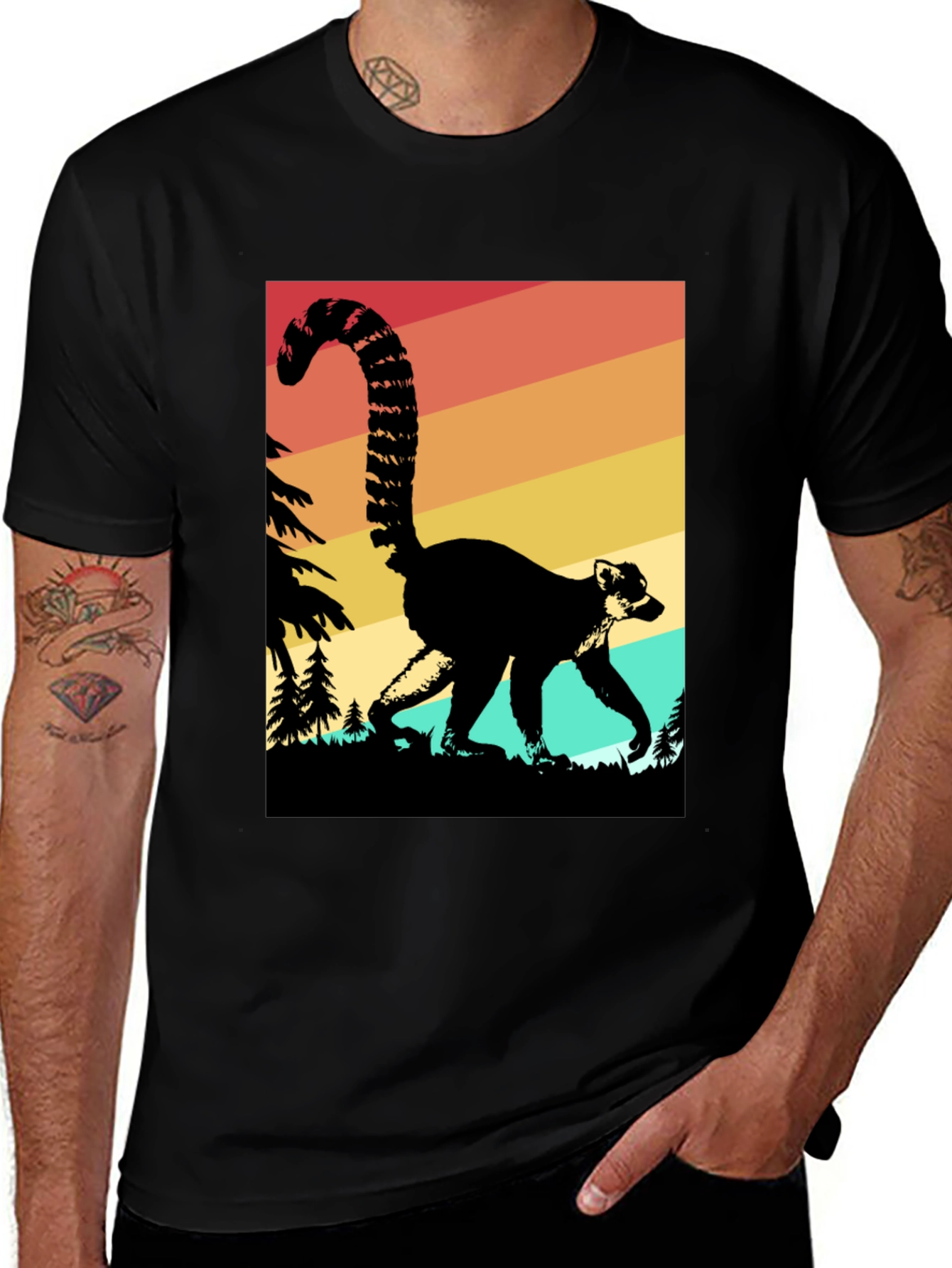 Retro Lemur Graphic Tee - Black Cotton Blend