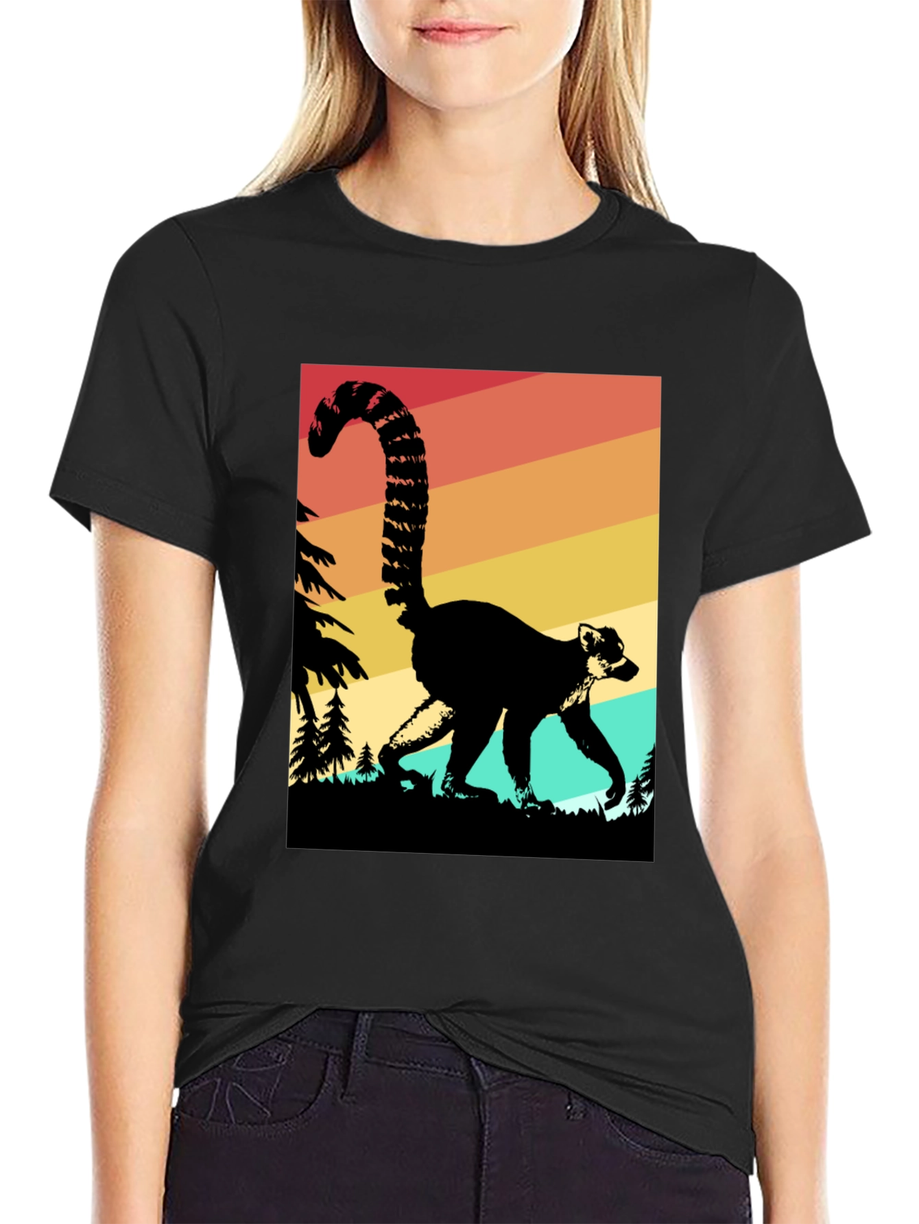 Retro Lemur Graphic Tee - Black Cotton Blend