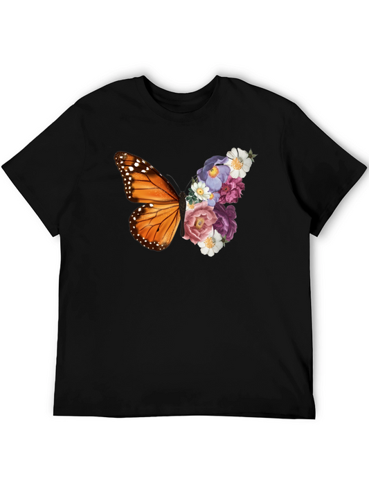 Butterfly Floral Print Black T-Shirt