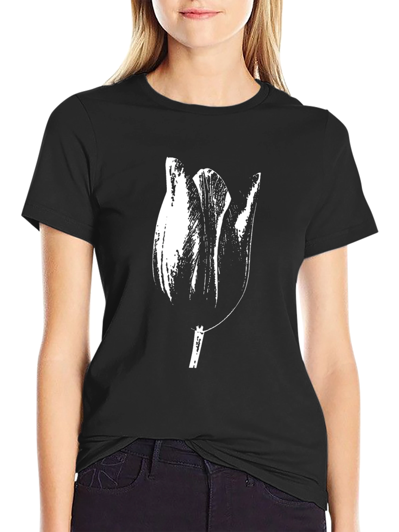 Black Tulip Graphic Tee - Unique Floral Design