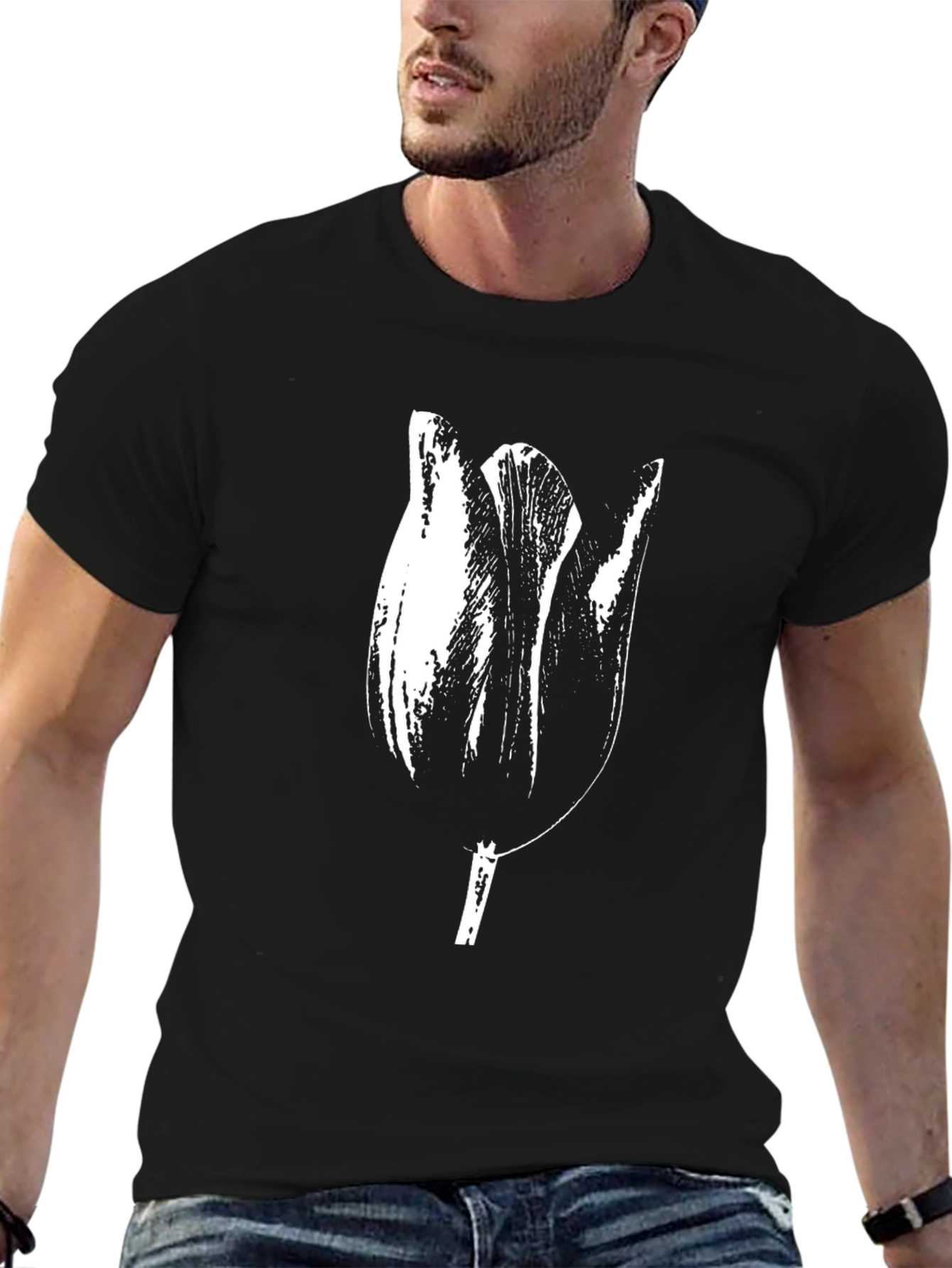 Black Tulip Graphic Tee - Unique Floral Design