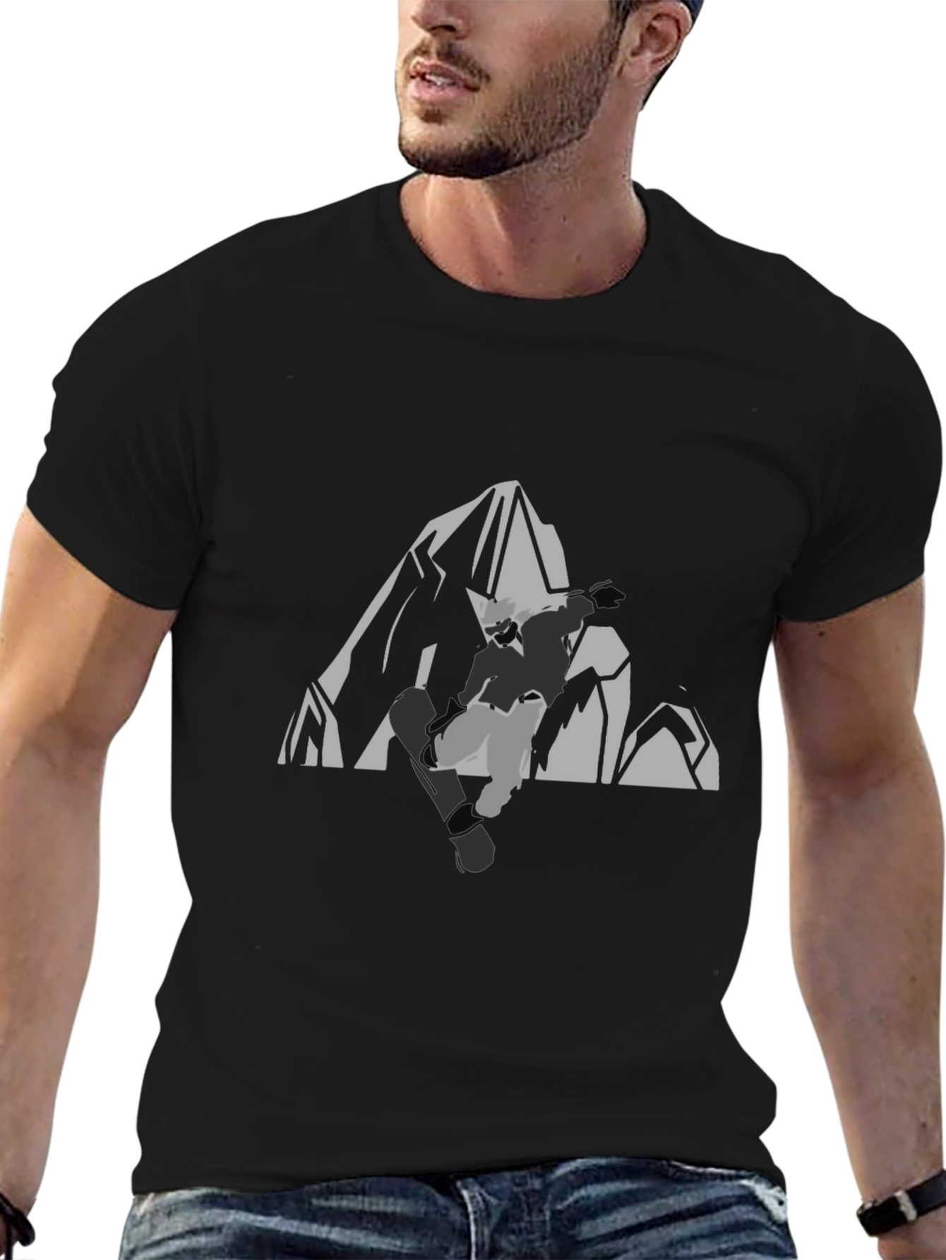 Mens Black Graphic Tee - Snowboard Mountain Design