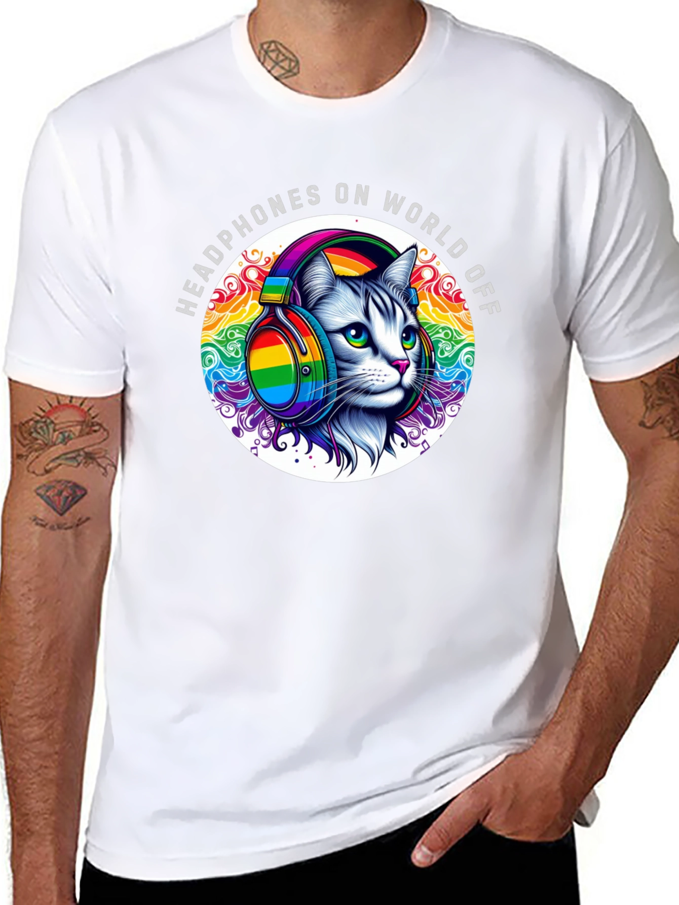 Headphones On World Off Cat T-Shirt