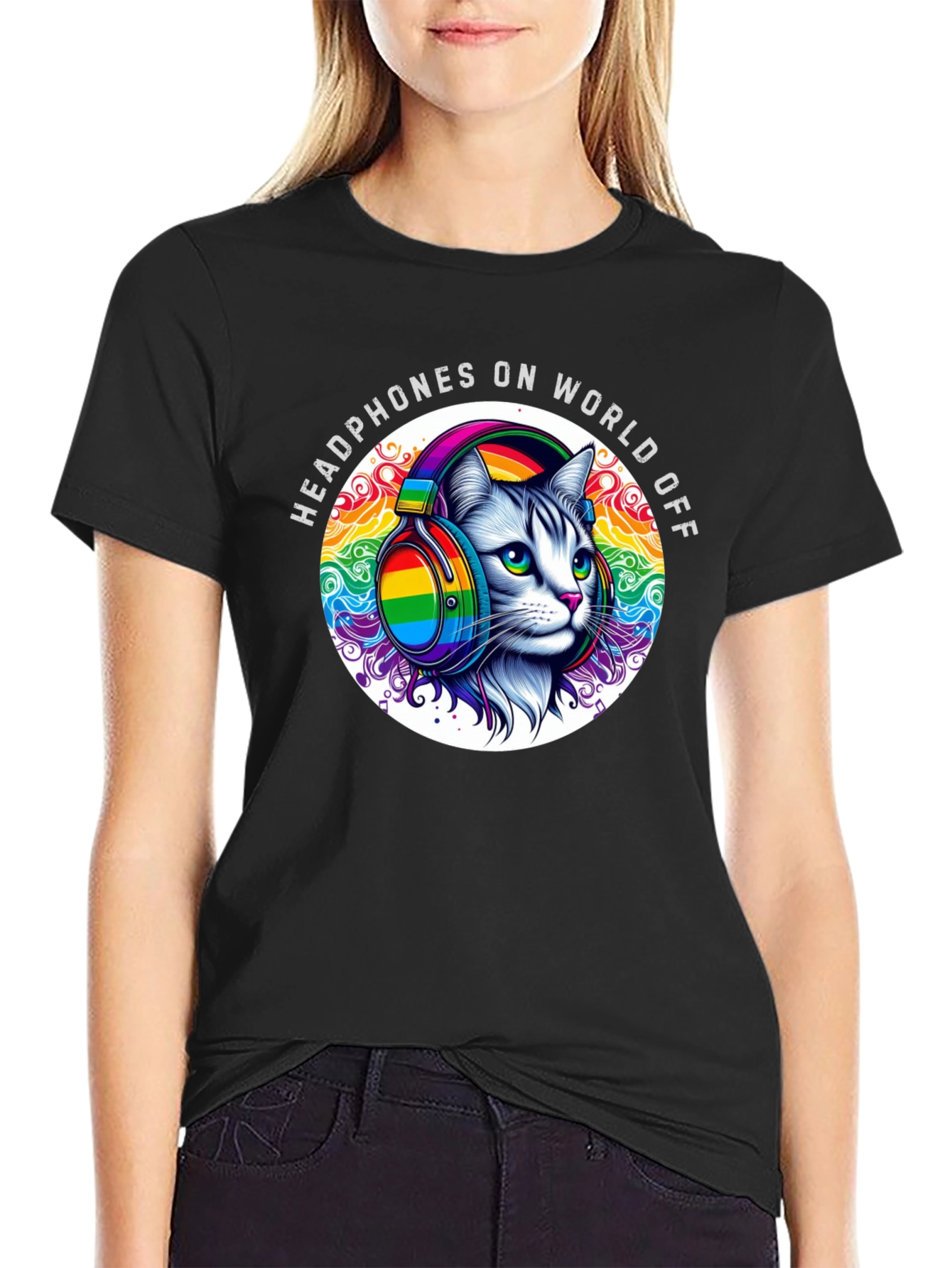 Headphones On World Off Cat T-Shirt