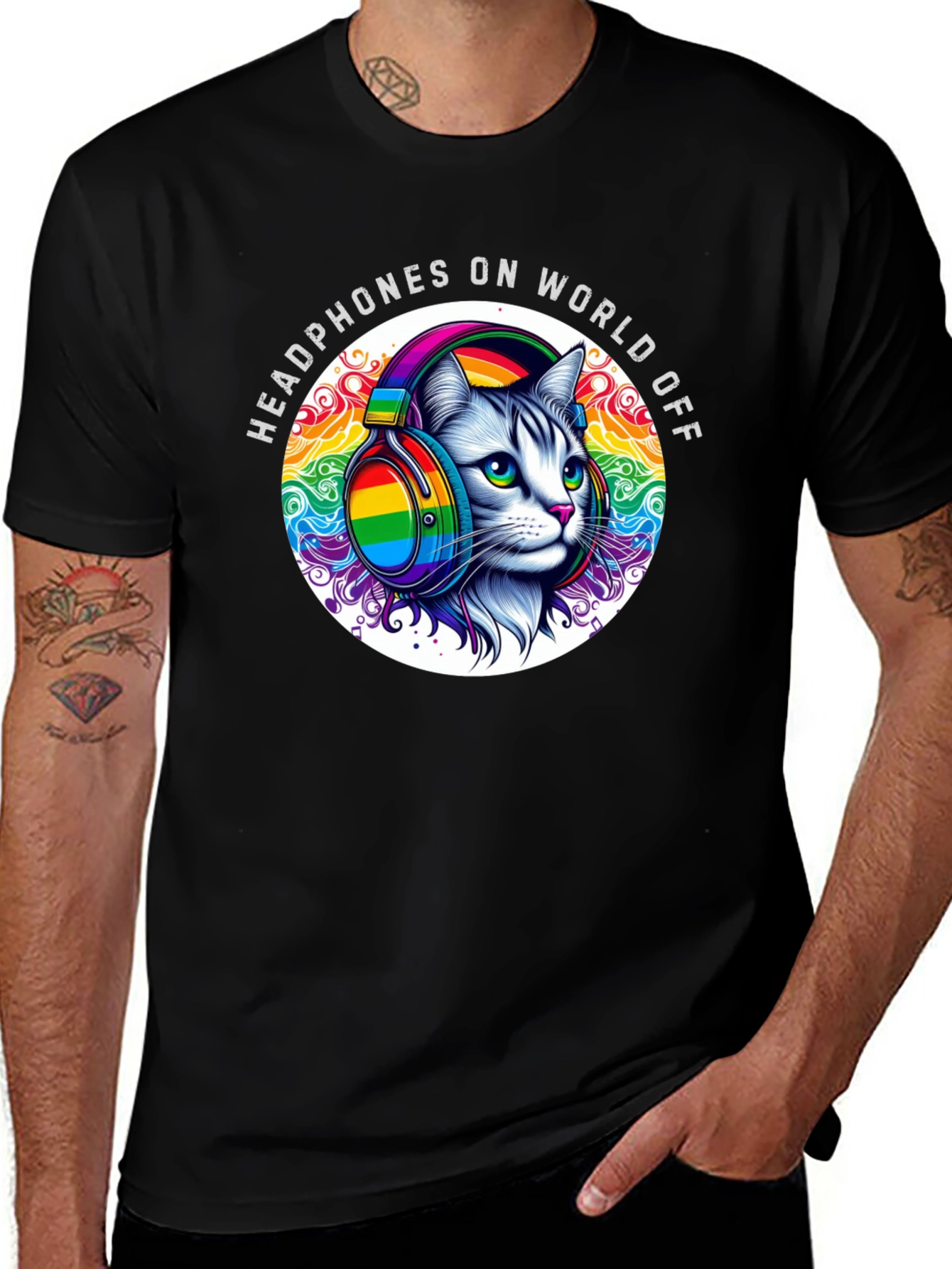 Headphones On World Off Cat T-Shirt
