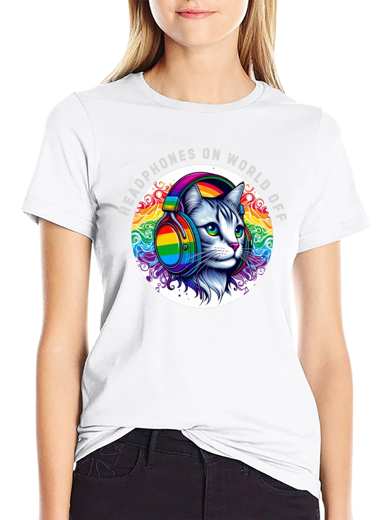 Headphones On World Off Cat T-Shirt