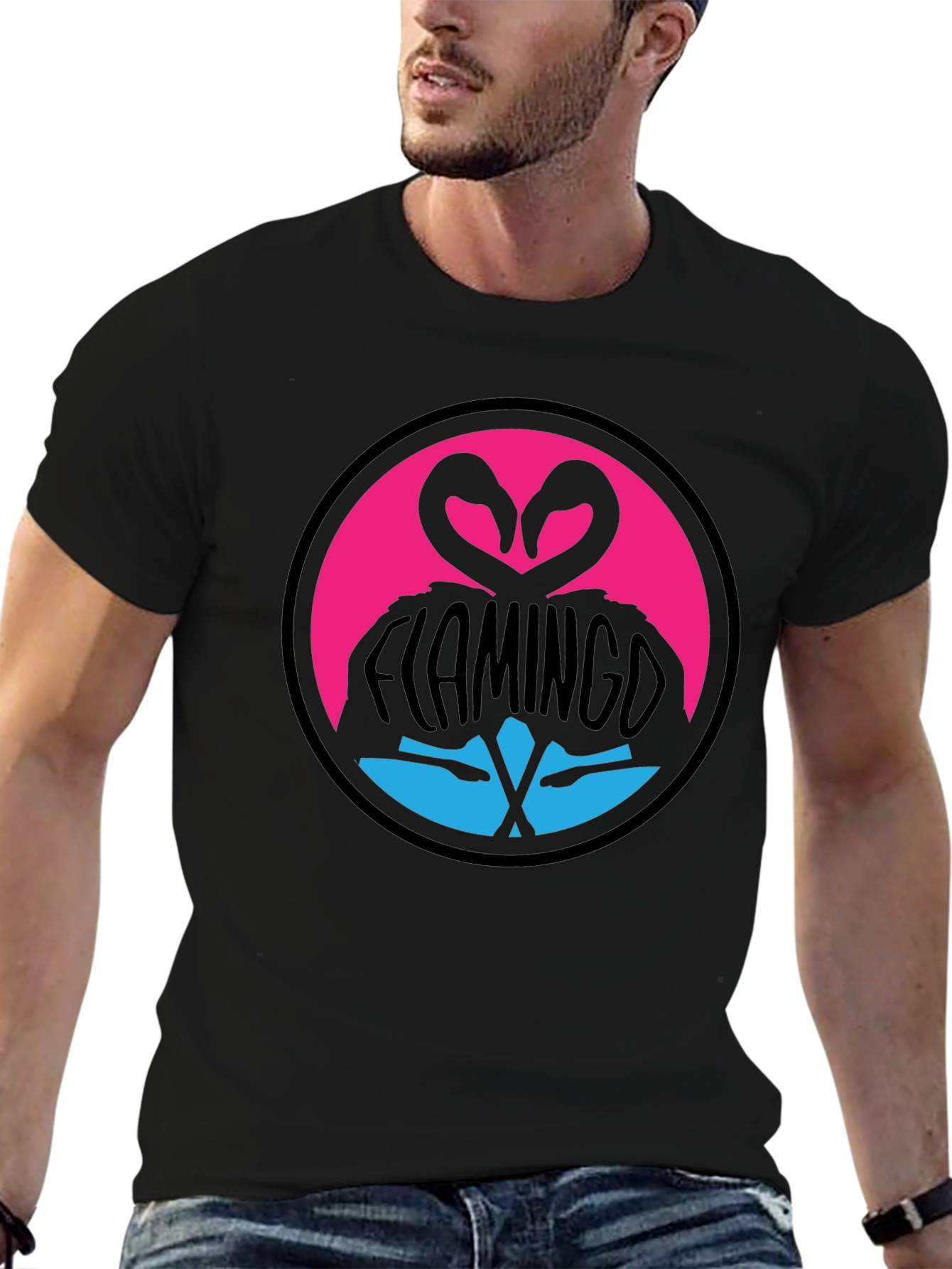 Flamingo Heart T-Shirt - Graphic Print Crew Neck Tee