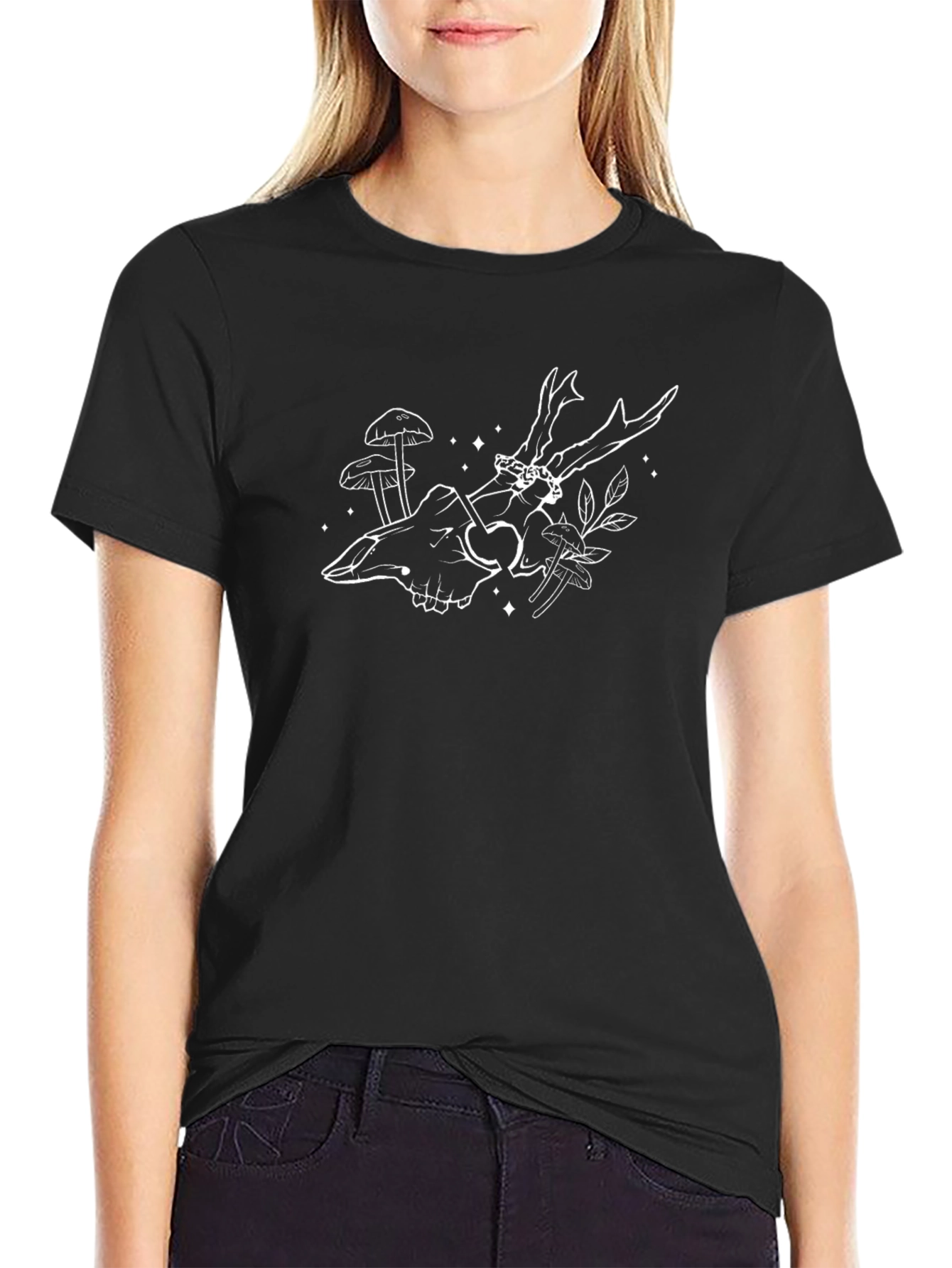 Mens Black Tee with Skull and Antler Design
