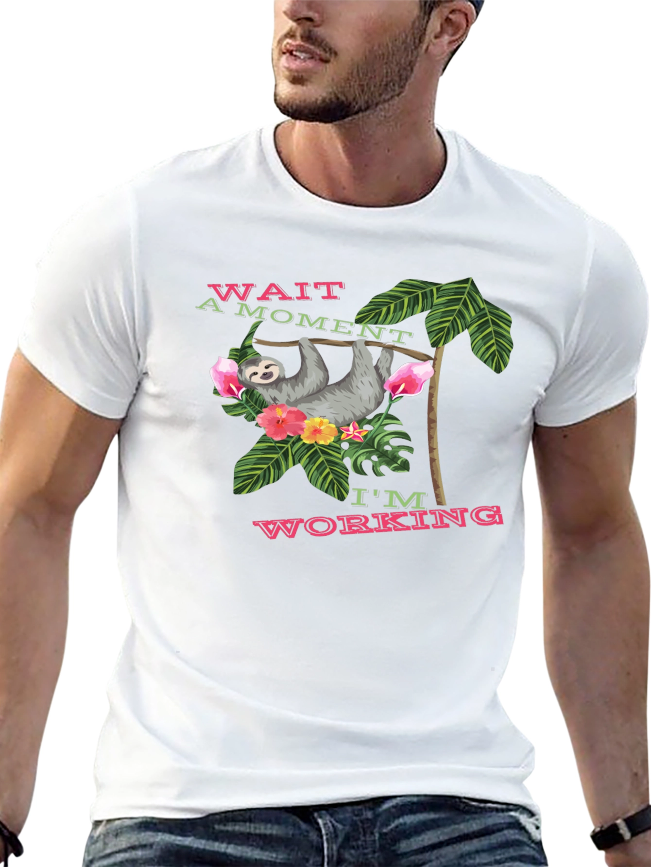 Sloth Working T-Shirt - Funny Tropical Design