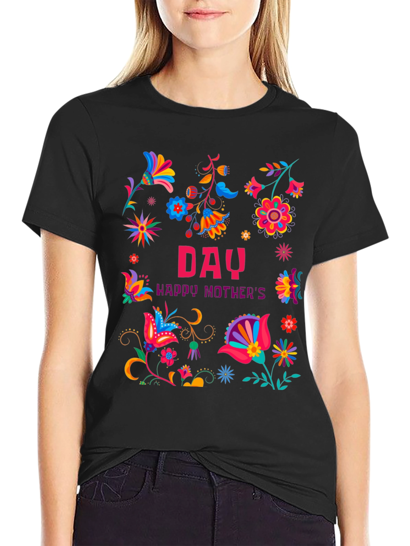 Floral Happy Mothers Day Black T-Shirt