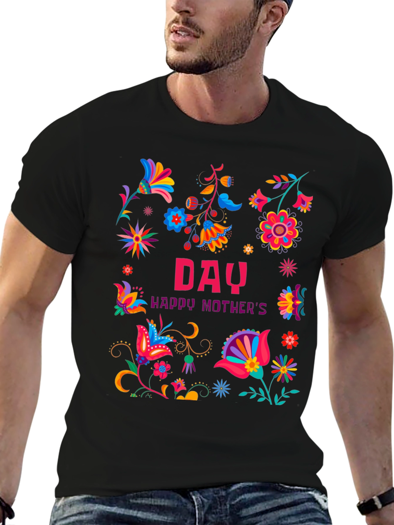 Floral Happy Mothers Day Black T-Shirt