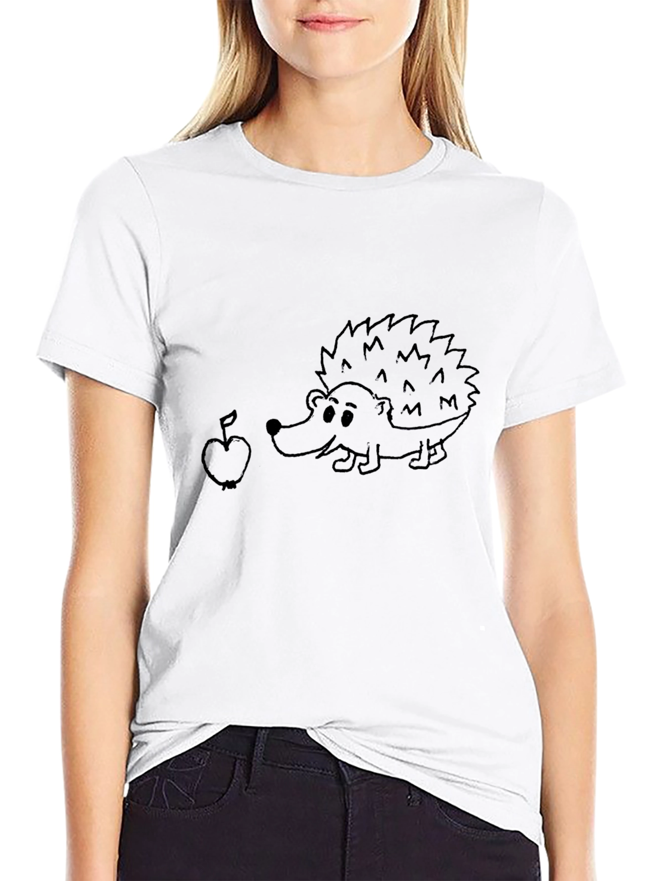 Cute Hedgehog & Apple Graphic Tee - Black