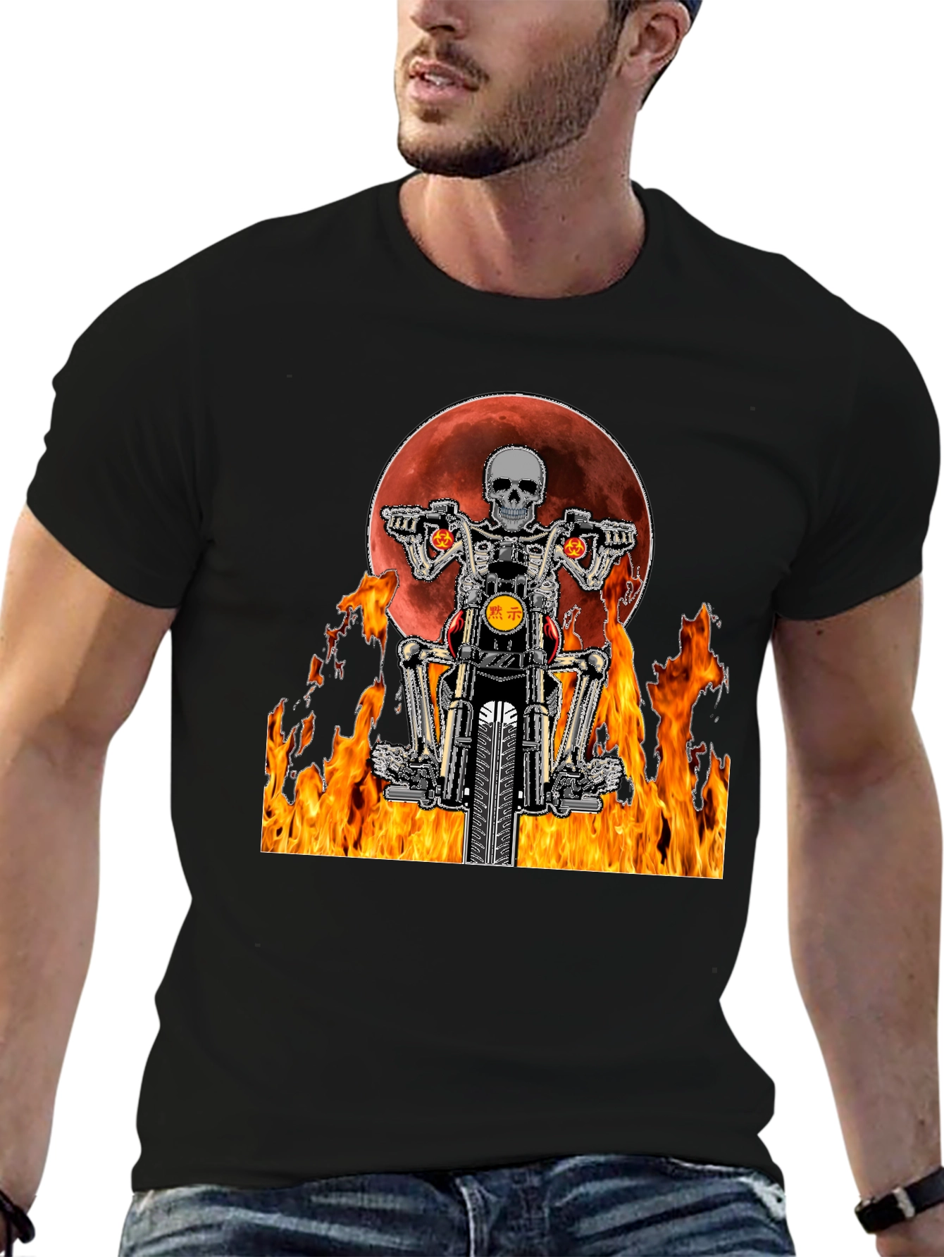 Skeleton Rider Graphic Tee - Fiery Motorcycle Design