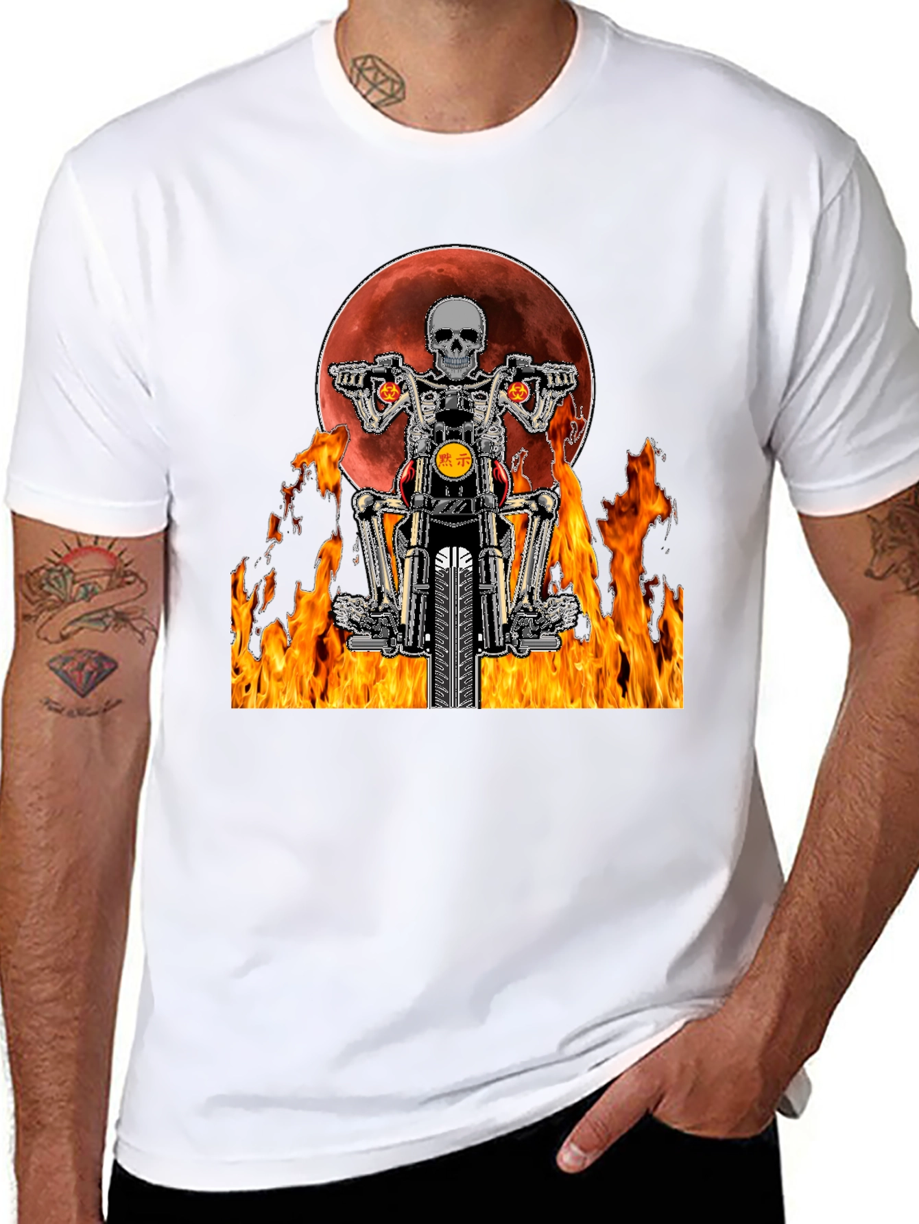 Skeleton Rider Graphic Tee - Fiery Motorcycle Design
