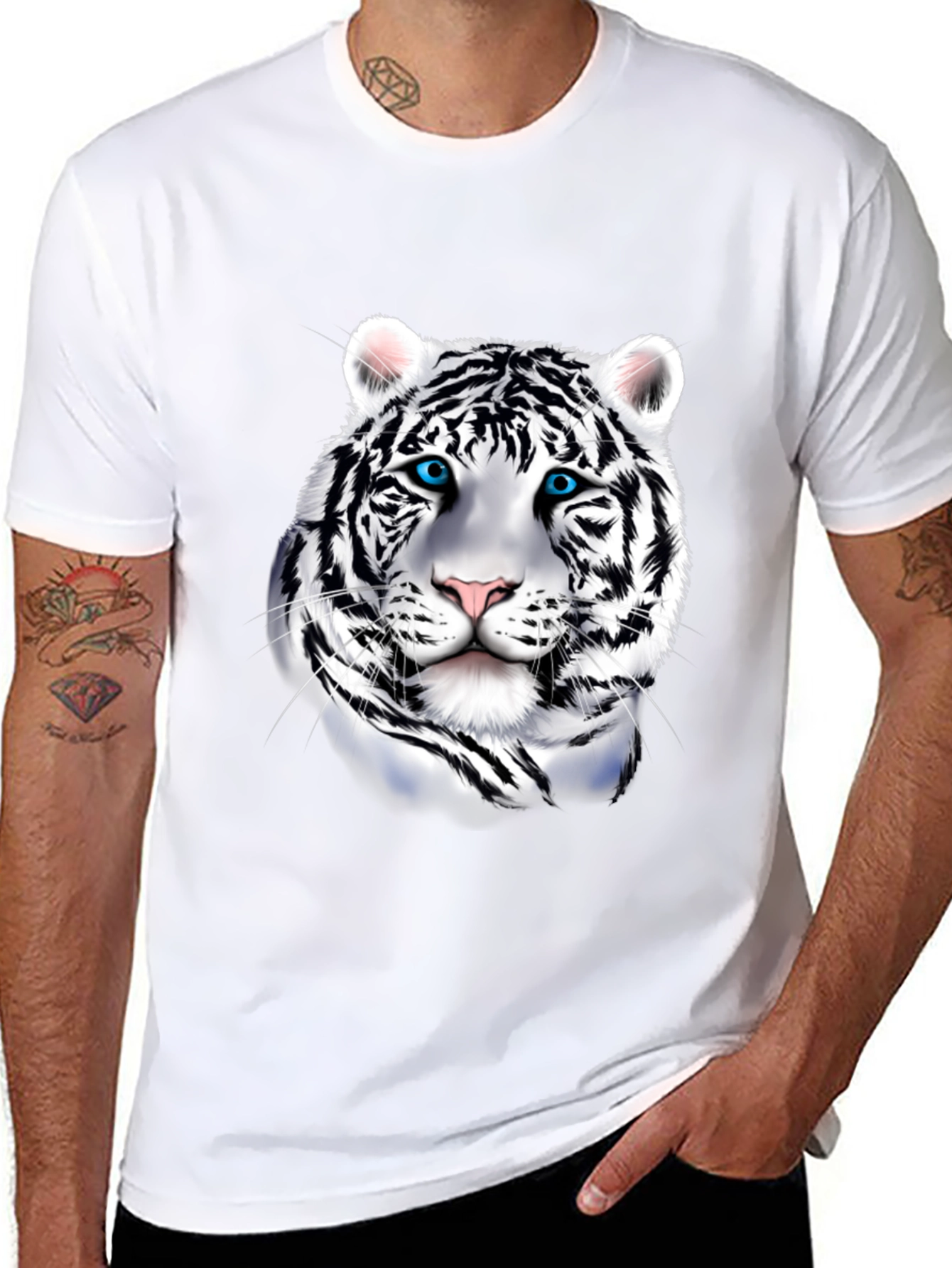 Mens Graphic Tee: Striking White Tiger Print