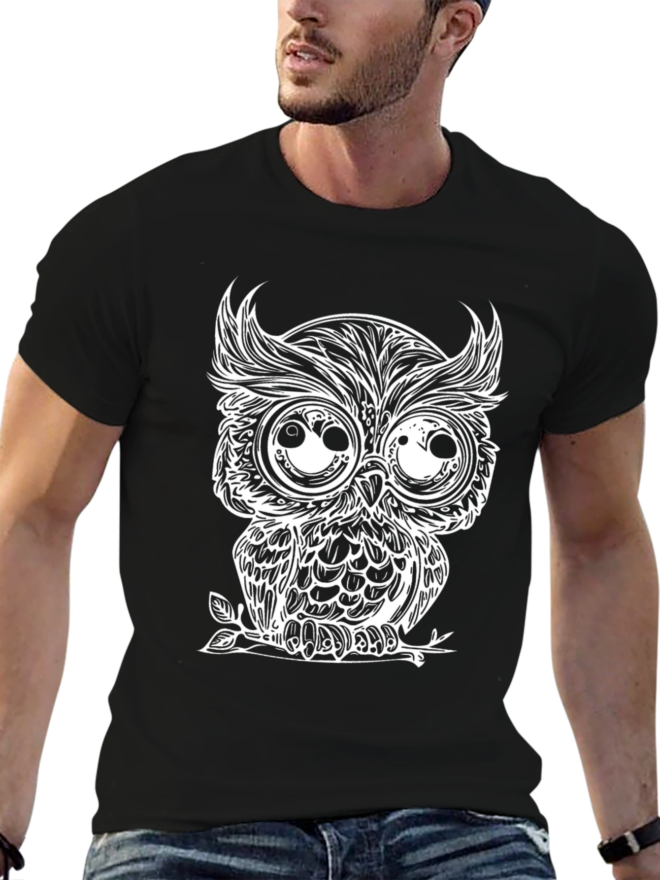 Mens Black Owl Graphic Tee - Unique Design