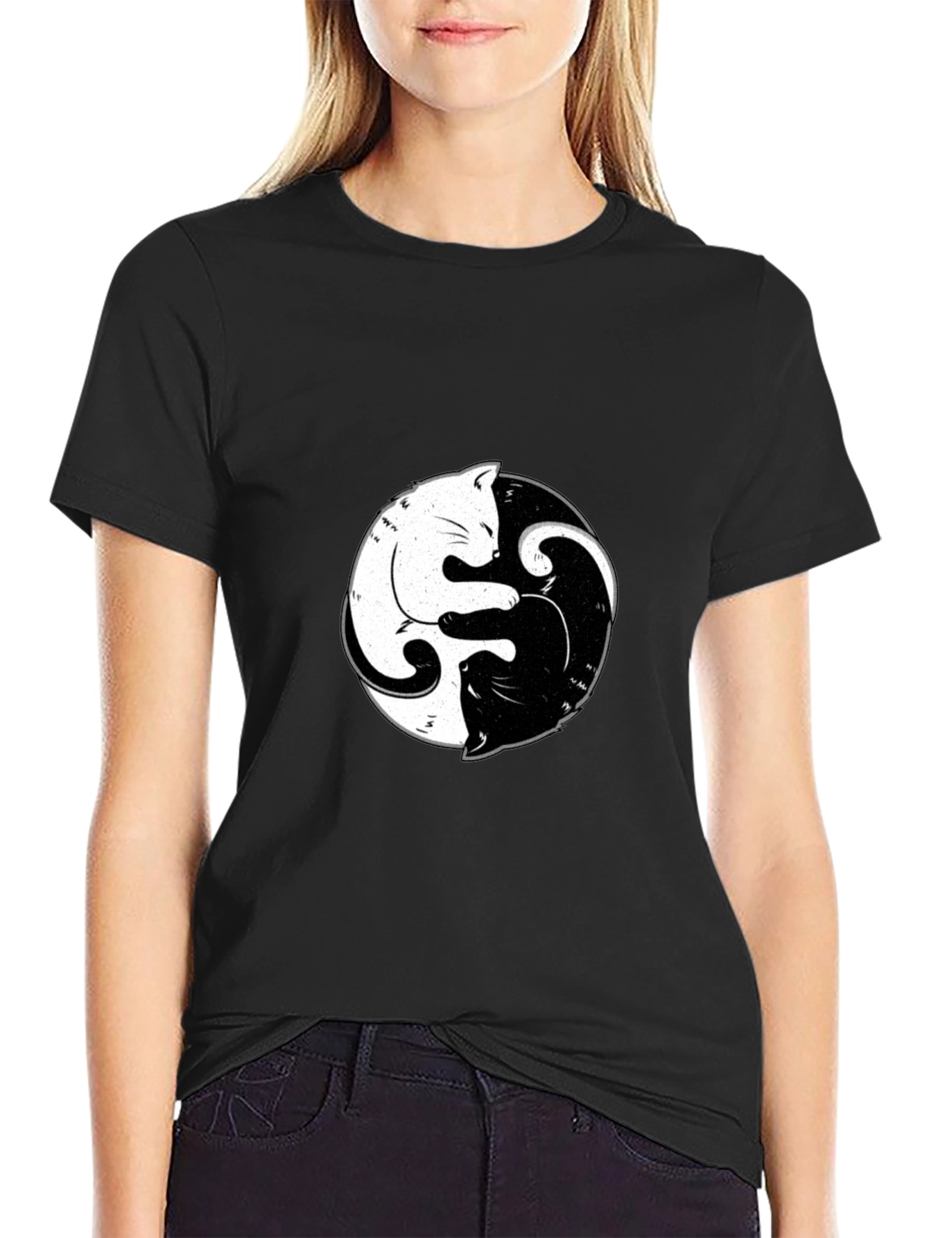 Yin Yang Cats Graphic Tee - Black
