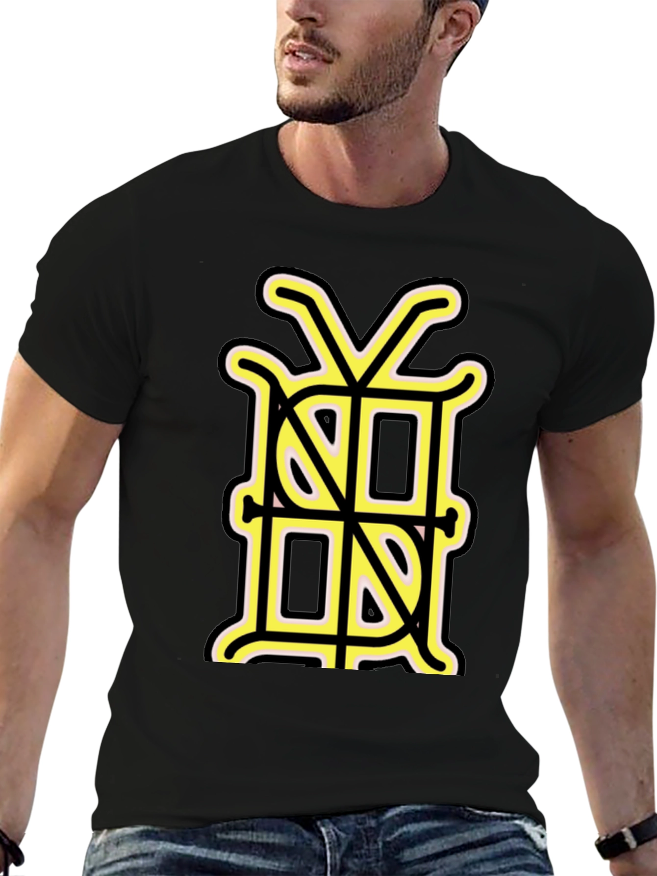 Black Graphic Tee with Unique Gold Monogram