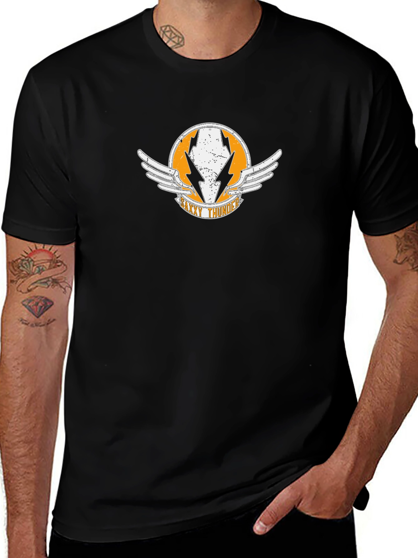 Saxy Thunder Black T-Shirt with Winged Logo