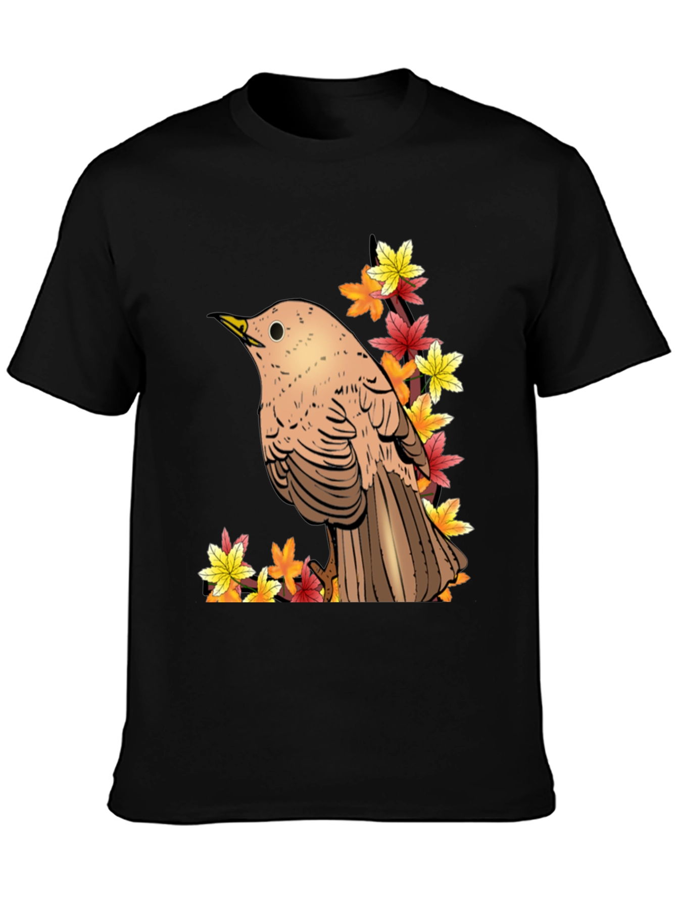 Autumn Bird Graphic Tee - Black Cotton T-Shirt