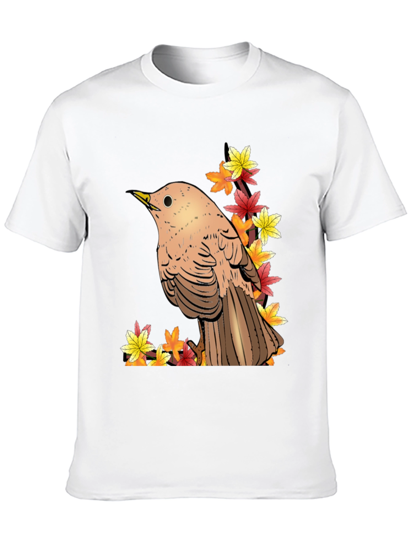 Autumn Bird Graphic Tee - Black Cotton T-Shirt