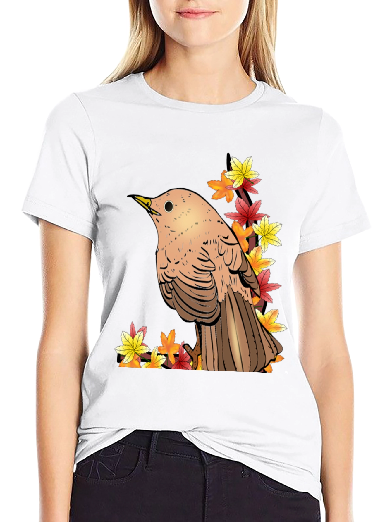 Autumn Bird Graphic Tee - Black Cotton T-Shirt