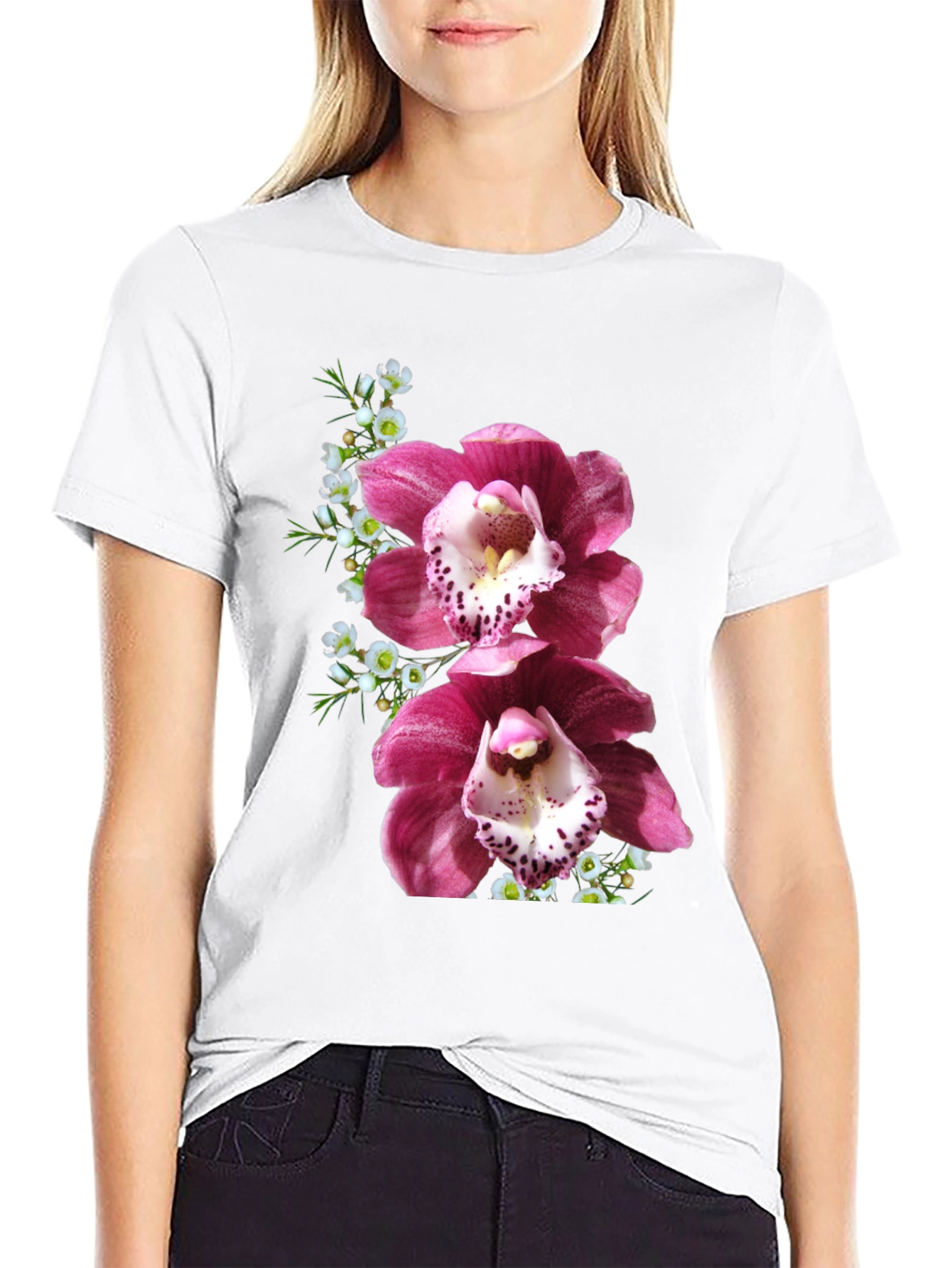Floral Orchid Print Black T-Shirt