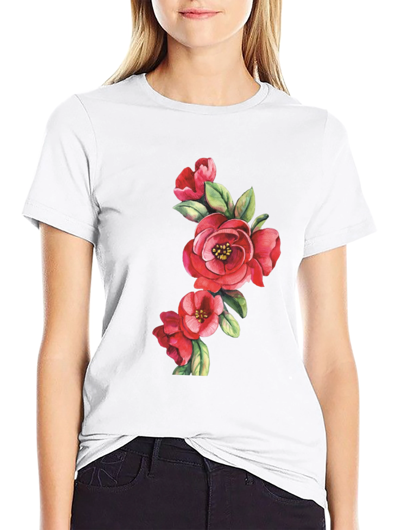 Floral Print Black Casual T-Shirt