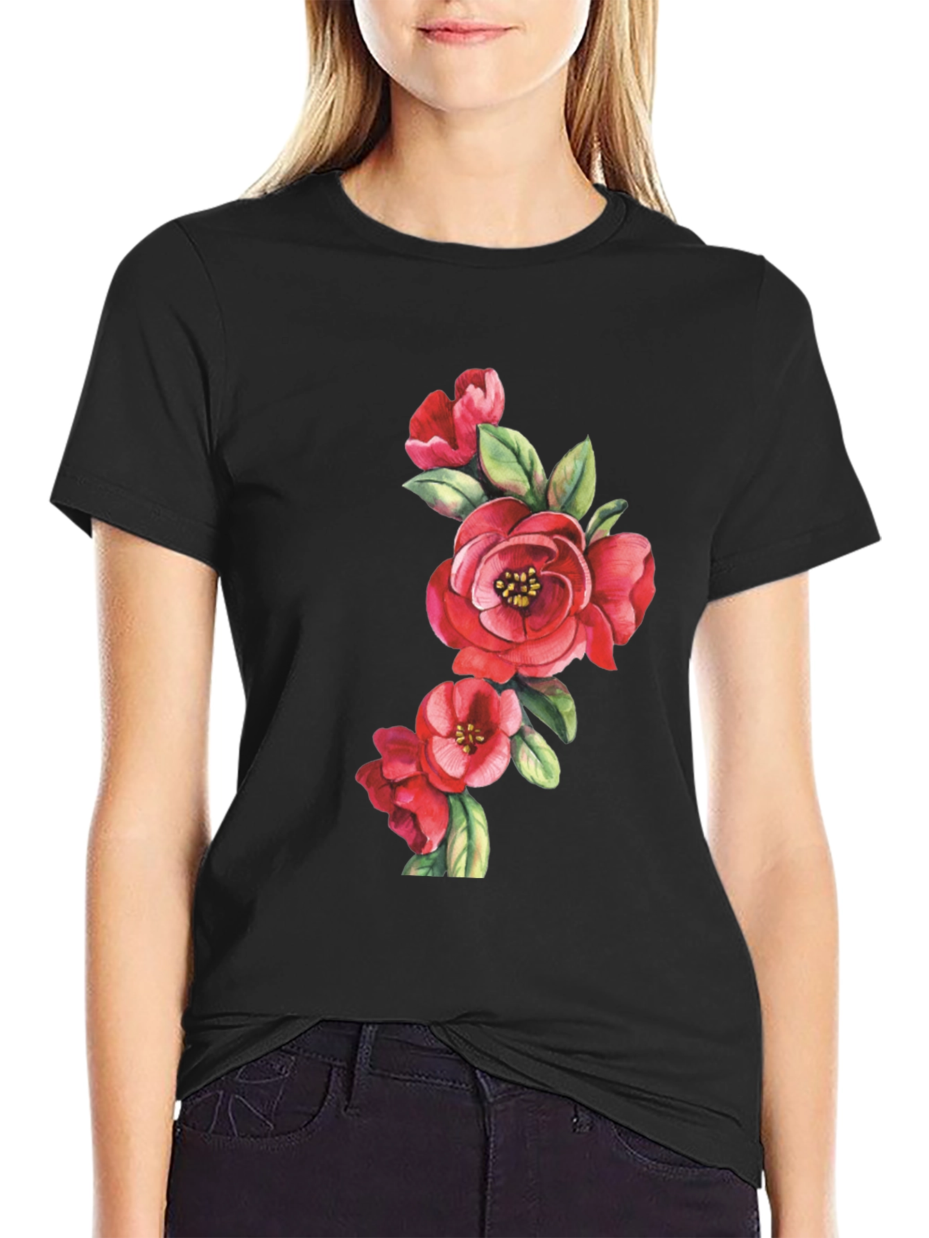 Floral Print Black Casual T-Shirt