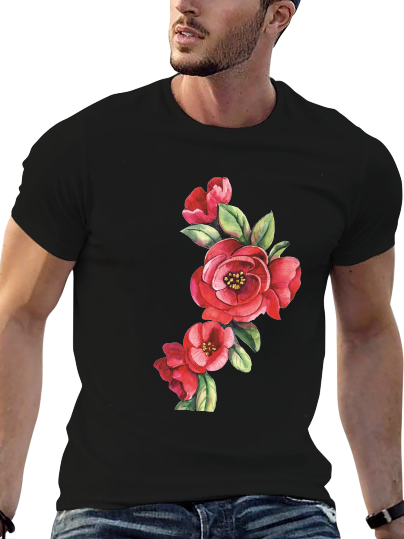 Floral Print Black Casual T-Shirt