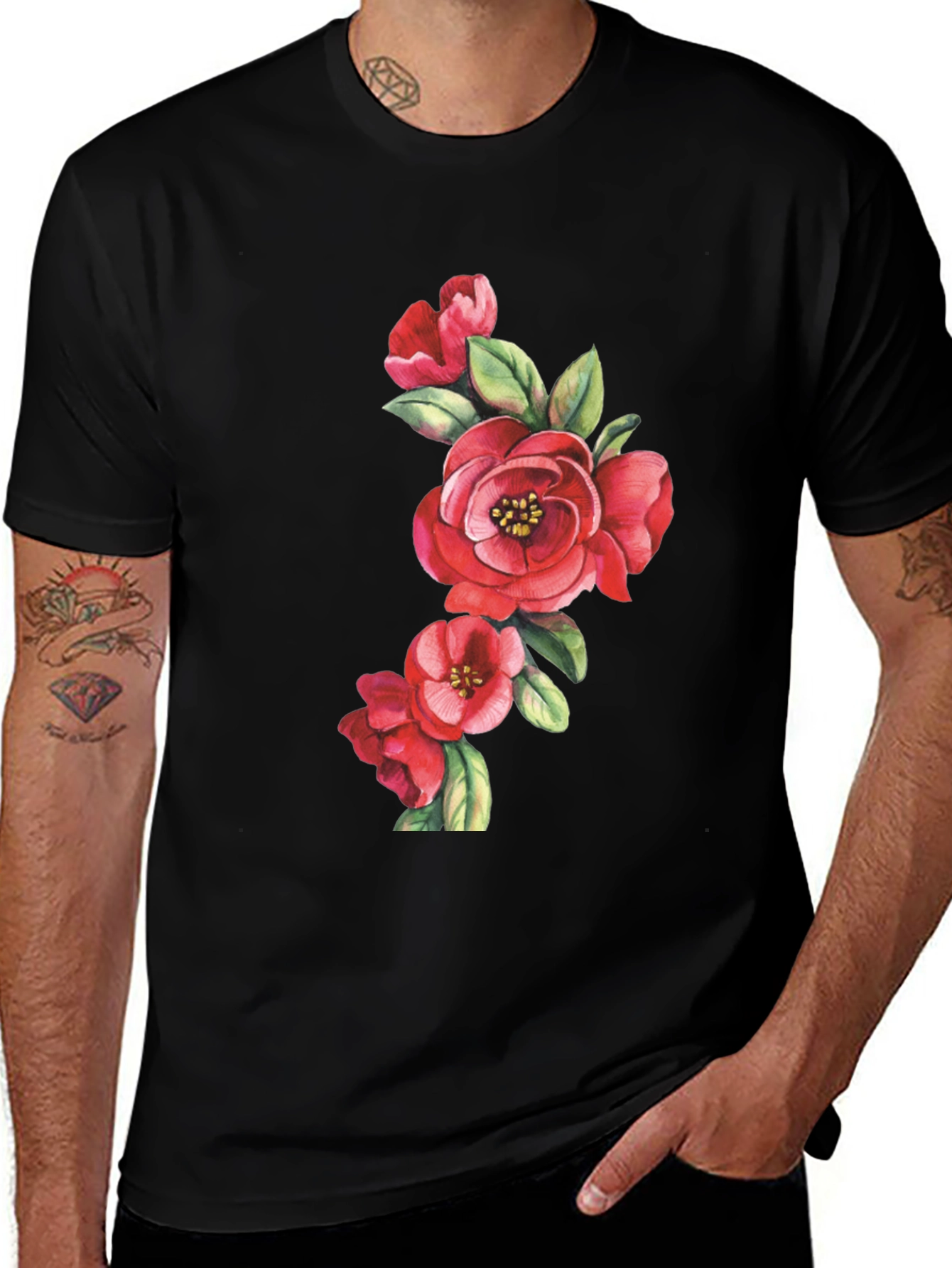 Floral Print Black Casual T-Shirt