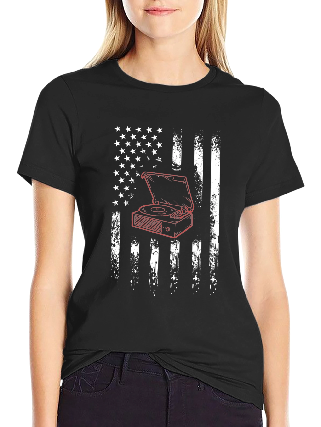USA Flag Turntable Graphic Tee - Black Cotton